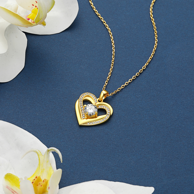 4 Prong Round Pendant Moissanite Double Heart Necklace in 14K Gold (1 Ct. VVS1)