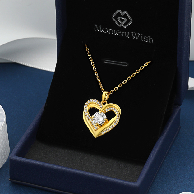 4 Prong Round Pendant Moissanite Double Heart Necklace in 14K Gold (1 Ct. VVS1)