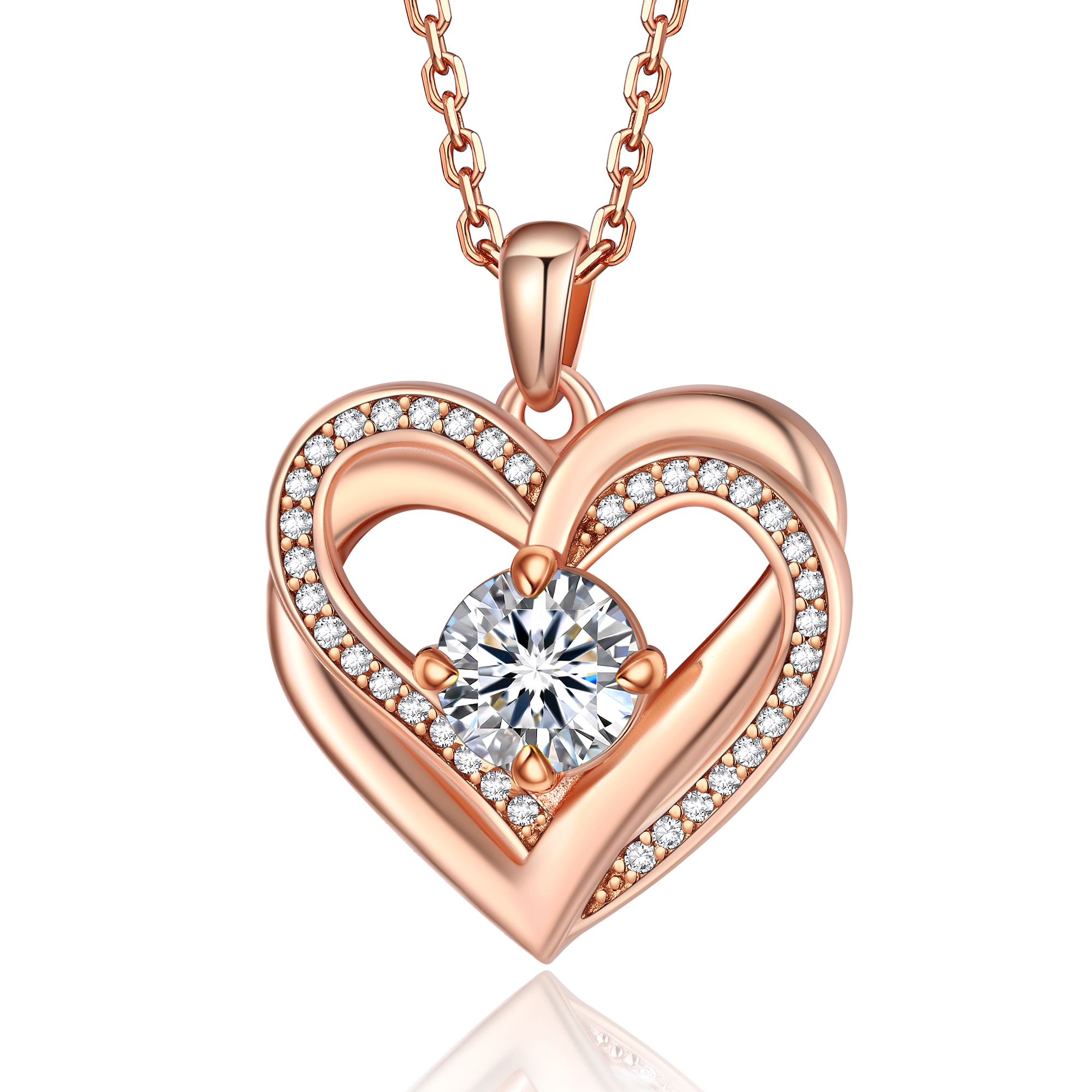 4 Prong Round Pendant Moissanite Double Heart Necklace (1 Ct. VVS1)