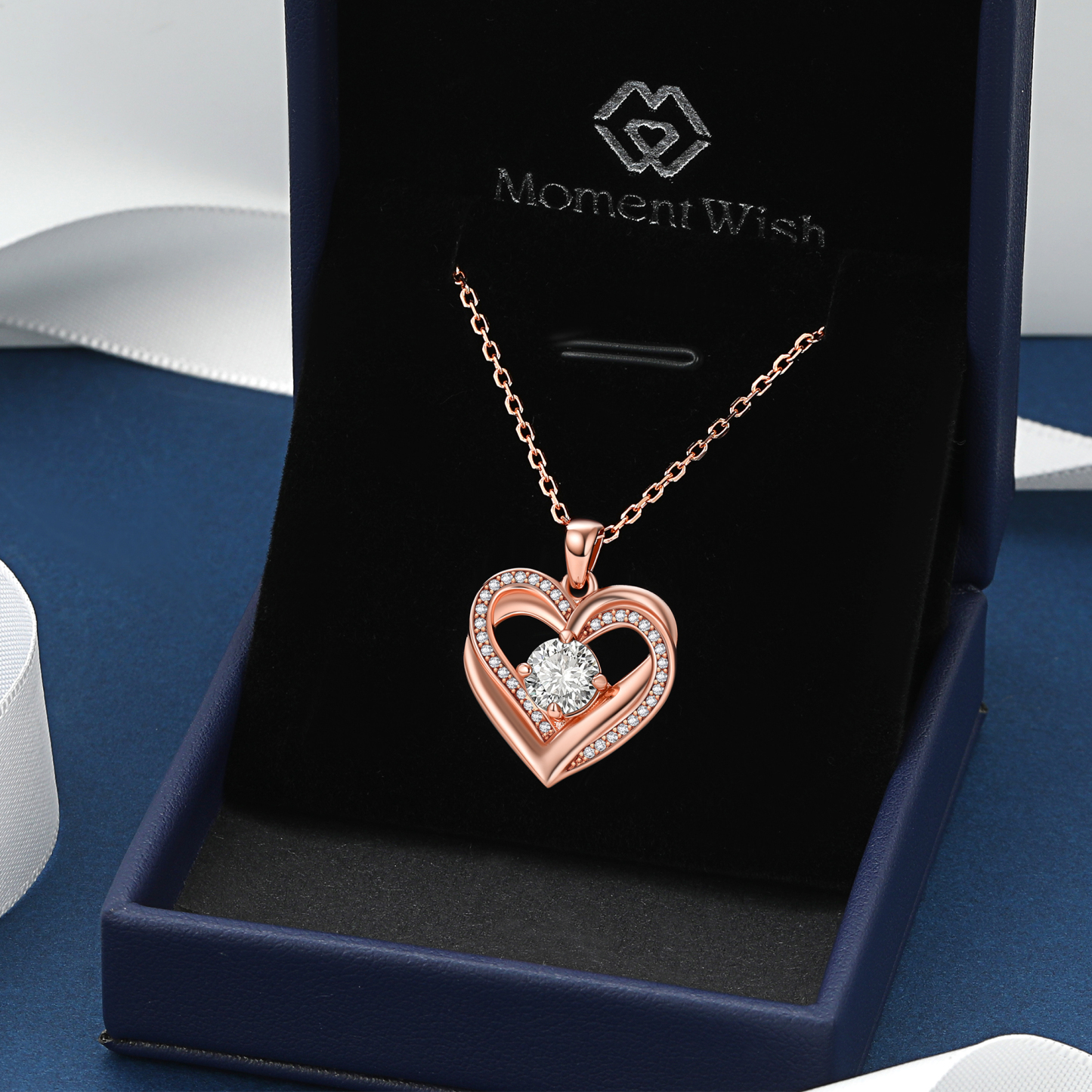 4 Prong Round Pendant Moissanite Double Heart Necklace in Rose Gold (1 Ct. VVS1)