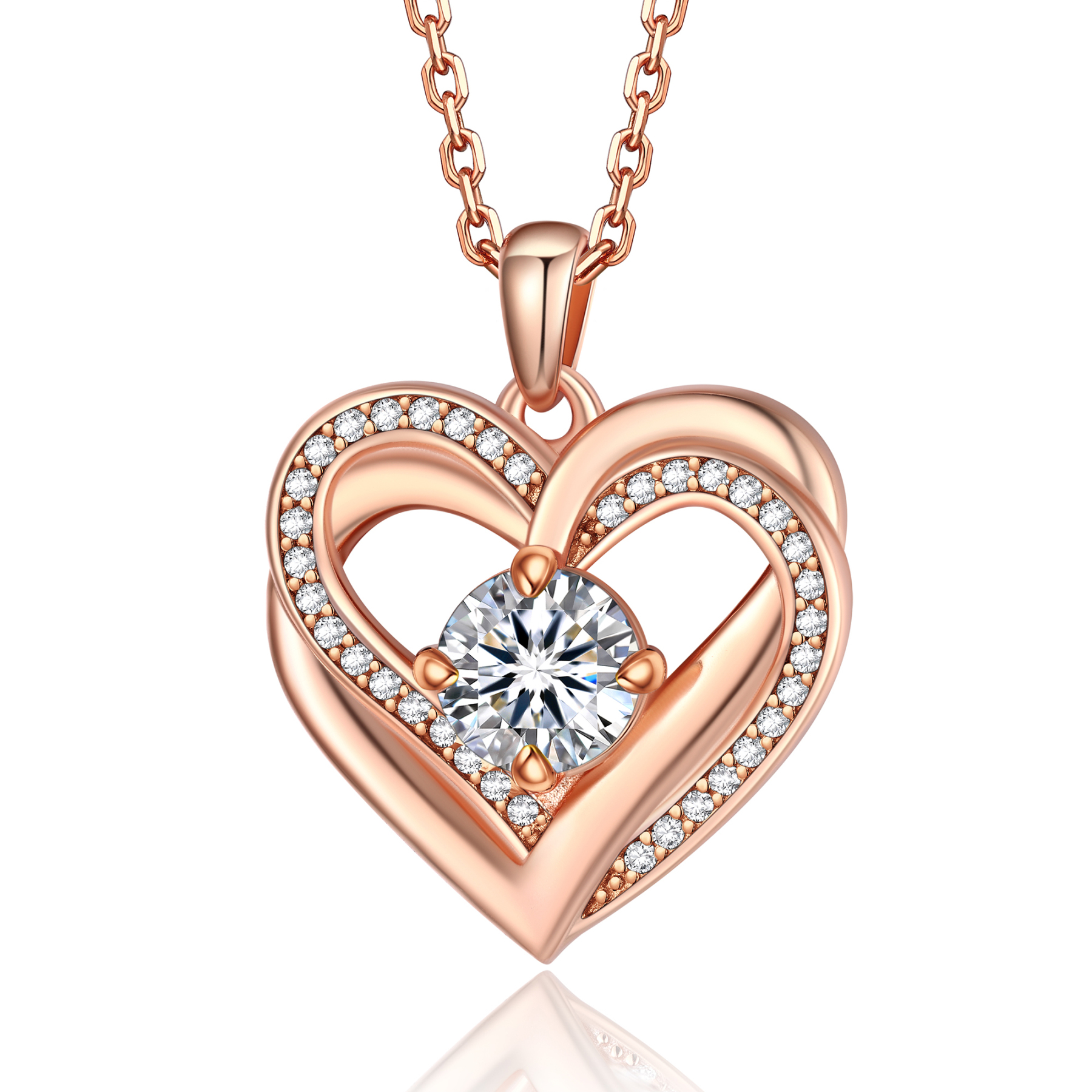 4 Prong Round Pendant Moissanite Double Heart Necklace (1 Ct. VVS1)