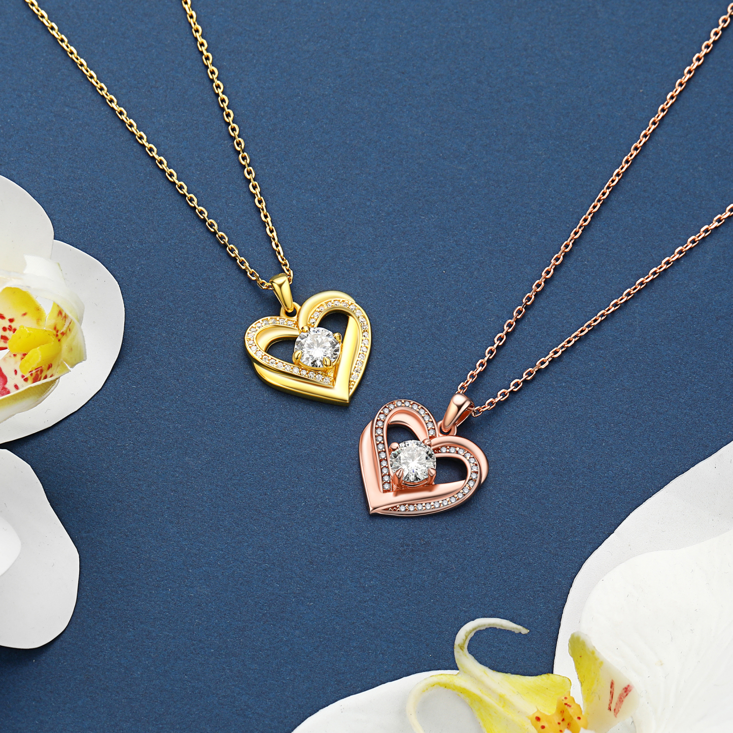 4 Prong Round Pendant Moissanite Double Heart Necklace in 14K Gold (1 Ct. VVS1)