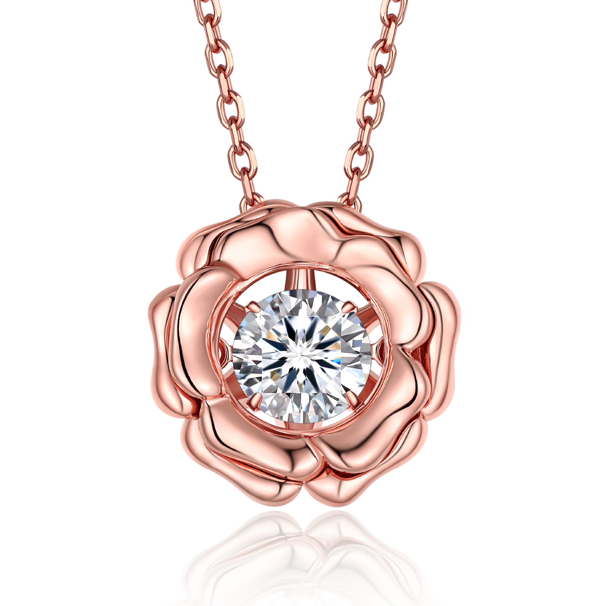 Round-Cut Pendant Moissanite Dancing Stone Rose Necklace in Rose Gold (1 Ct. VVS1)