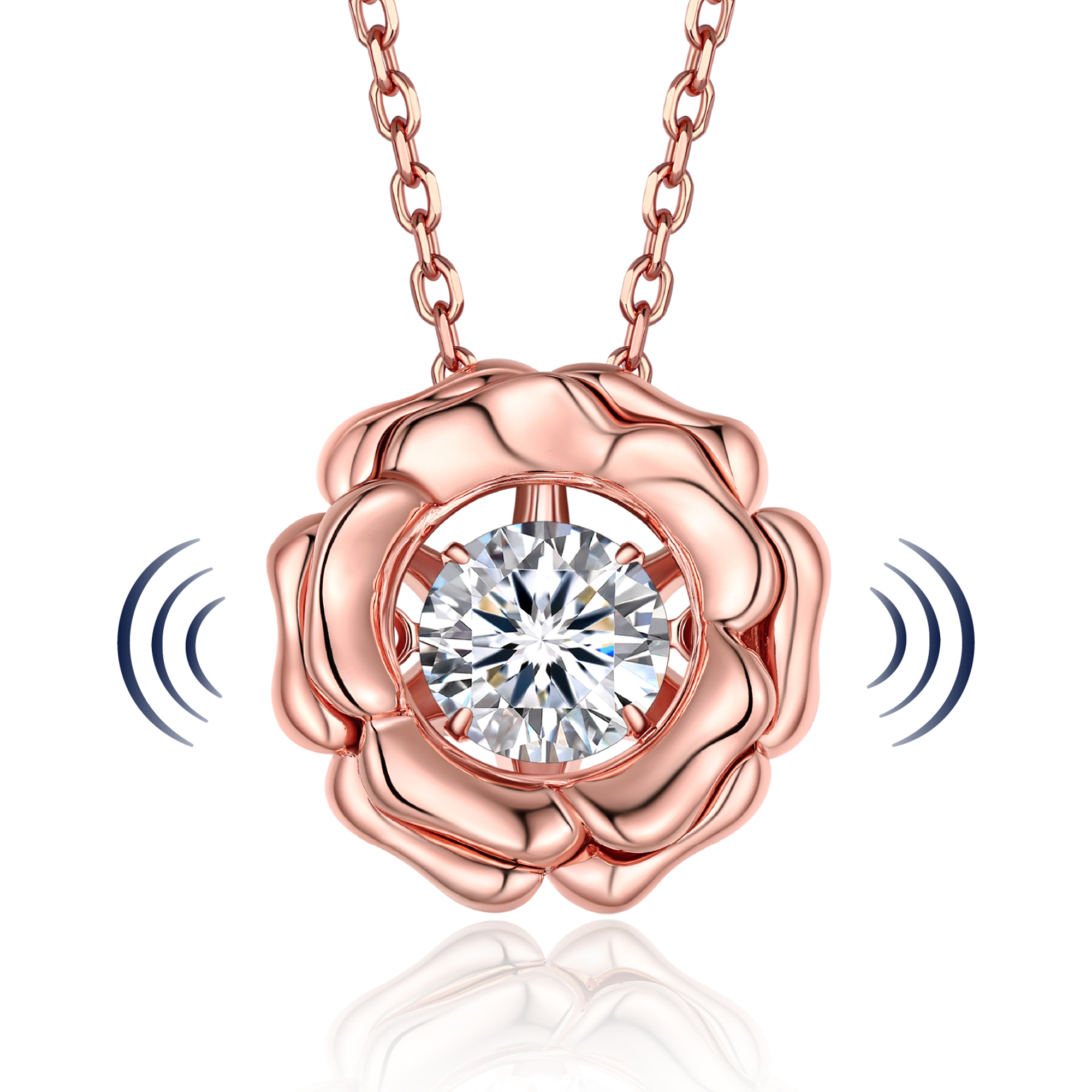Round-Cut Pendant Moissanite Dancing Stone Rose Necklace in Rose Gold (1 Ct. VVS1)