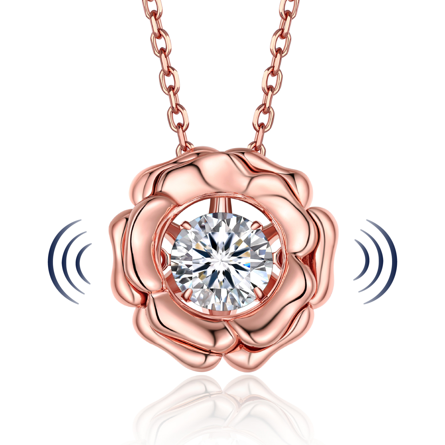 Round-Cut Pendant Moissanite Dancing Stone Rose Necklace in Rose Gold (1 Ct. VVS1)