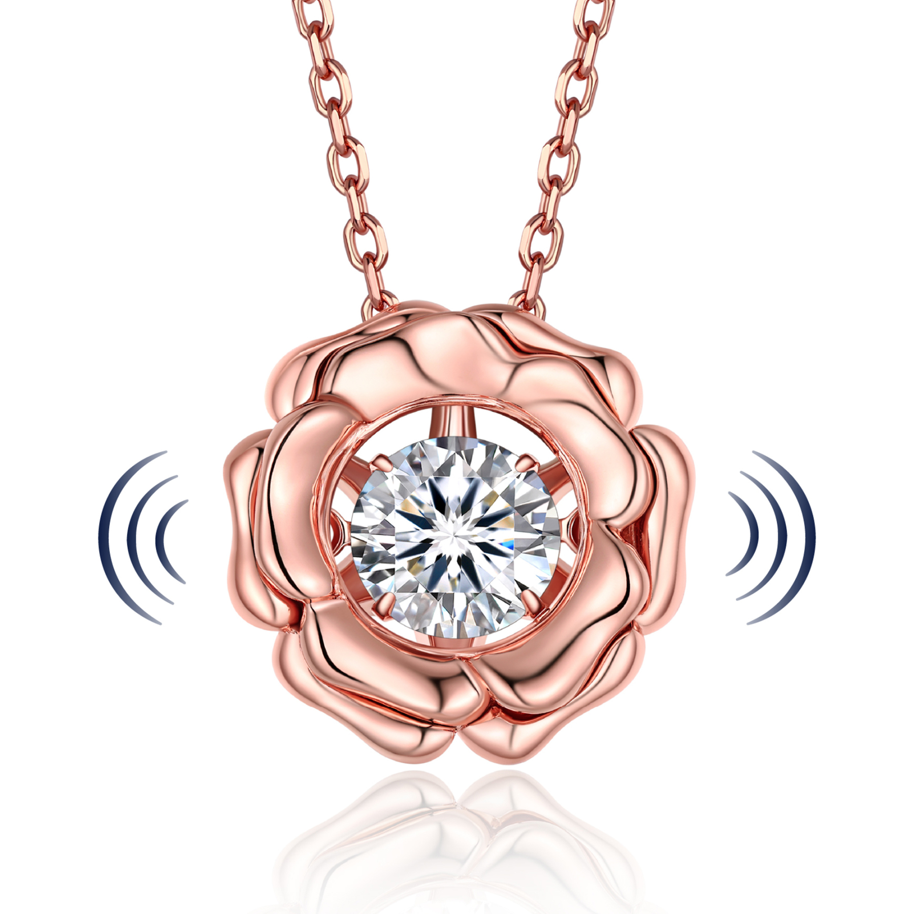 Round-Cut Pendant Moissanite Dancing Stone Rose Necklace in Rose Gold (1 Ct. VVS1)