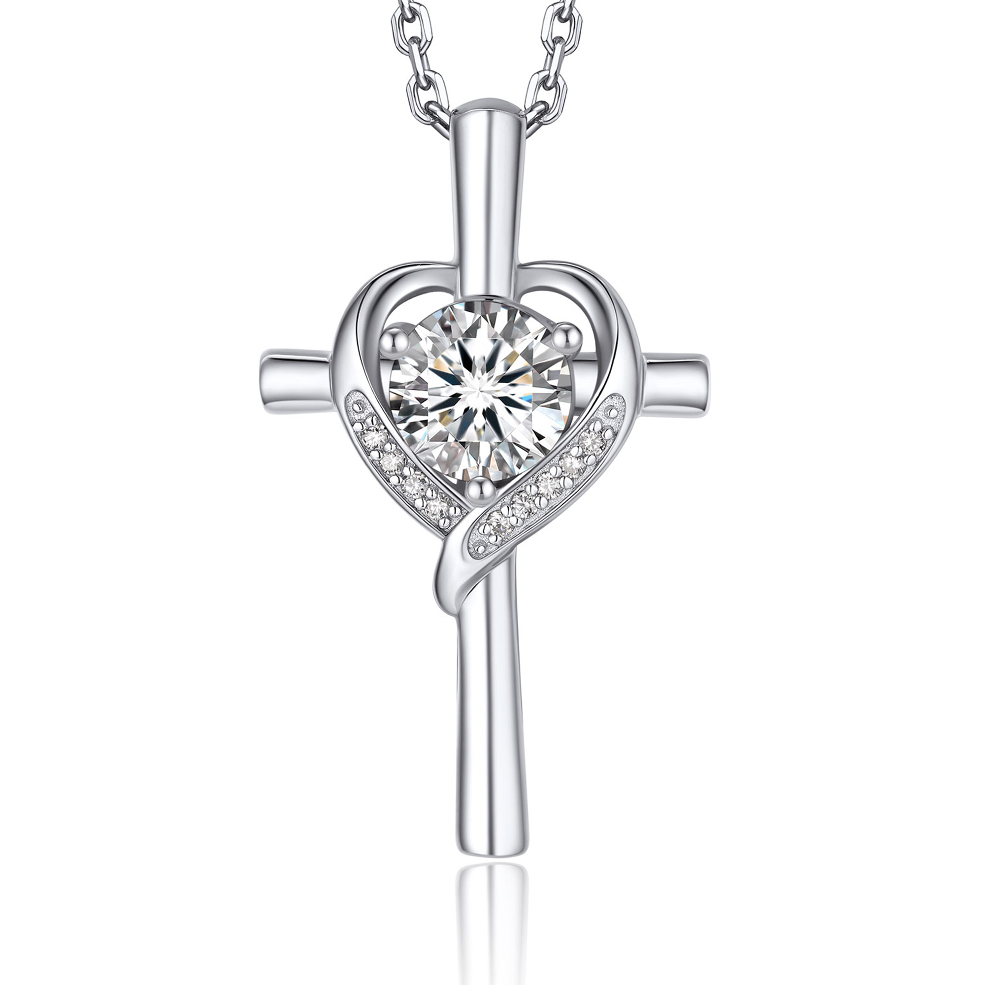 Cross Pendant Moissanite Heart Necklace in White Gold (1 Ct. VVS1)