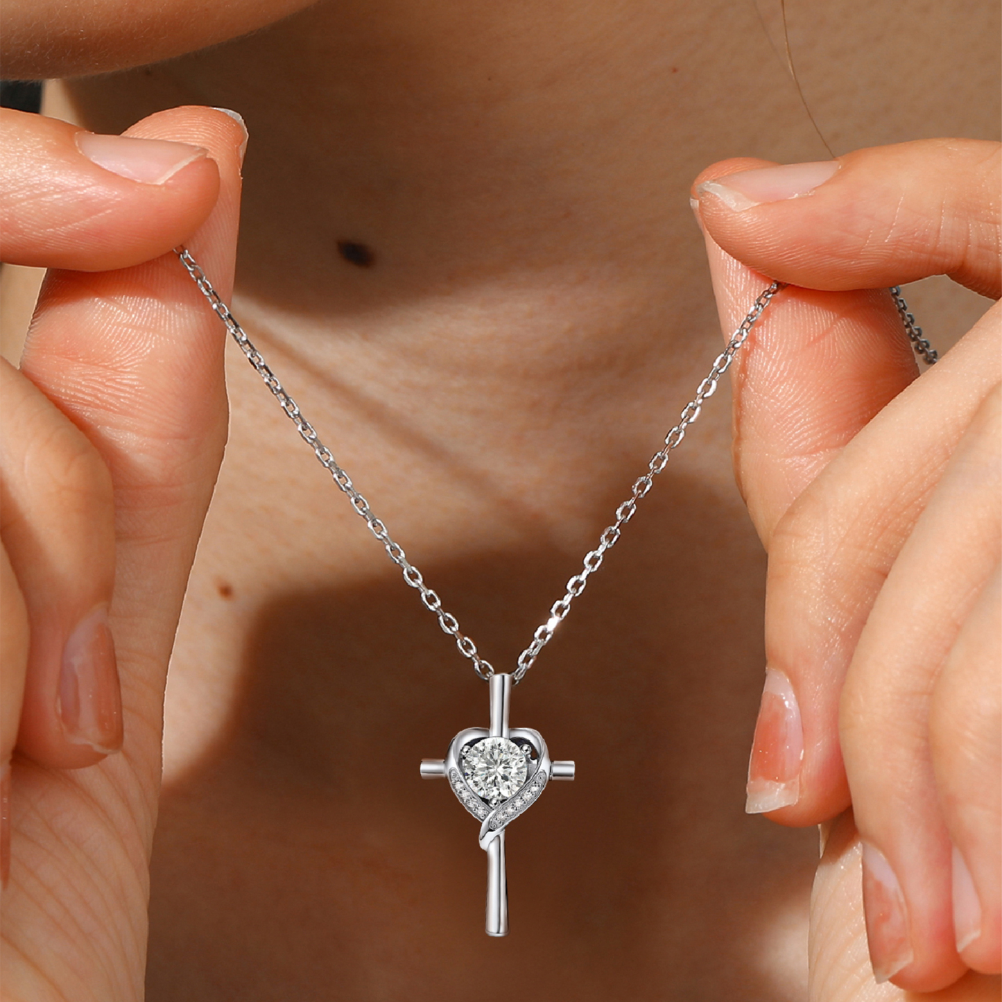 Cross Pendant Moissanite Heart Necklace in White Gold (1 Ct. VVS1)