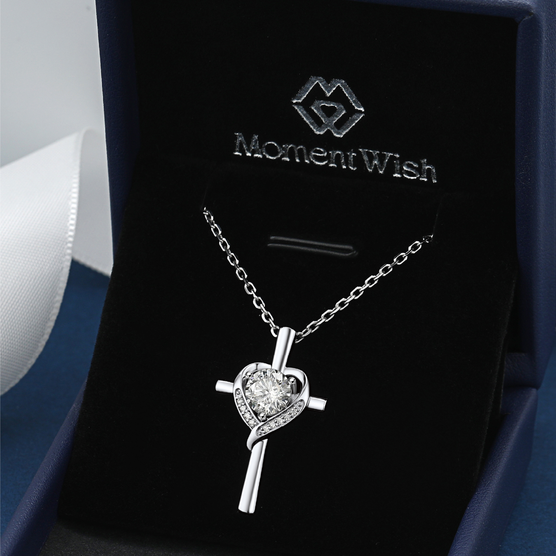 Cross Pendant Moissanite Heart Necklace in White Gold (1 Ct. VVS1)