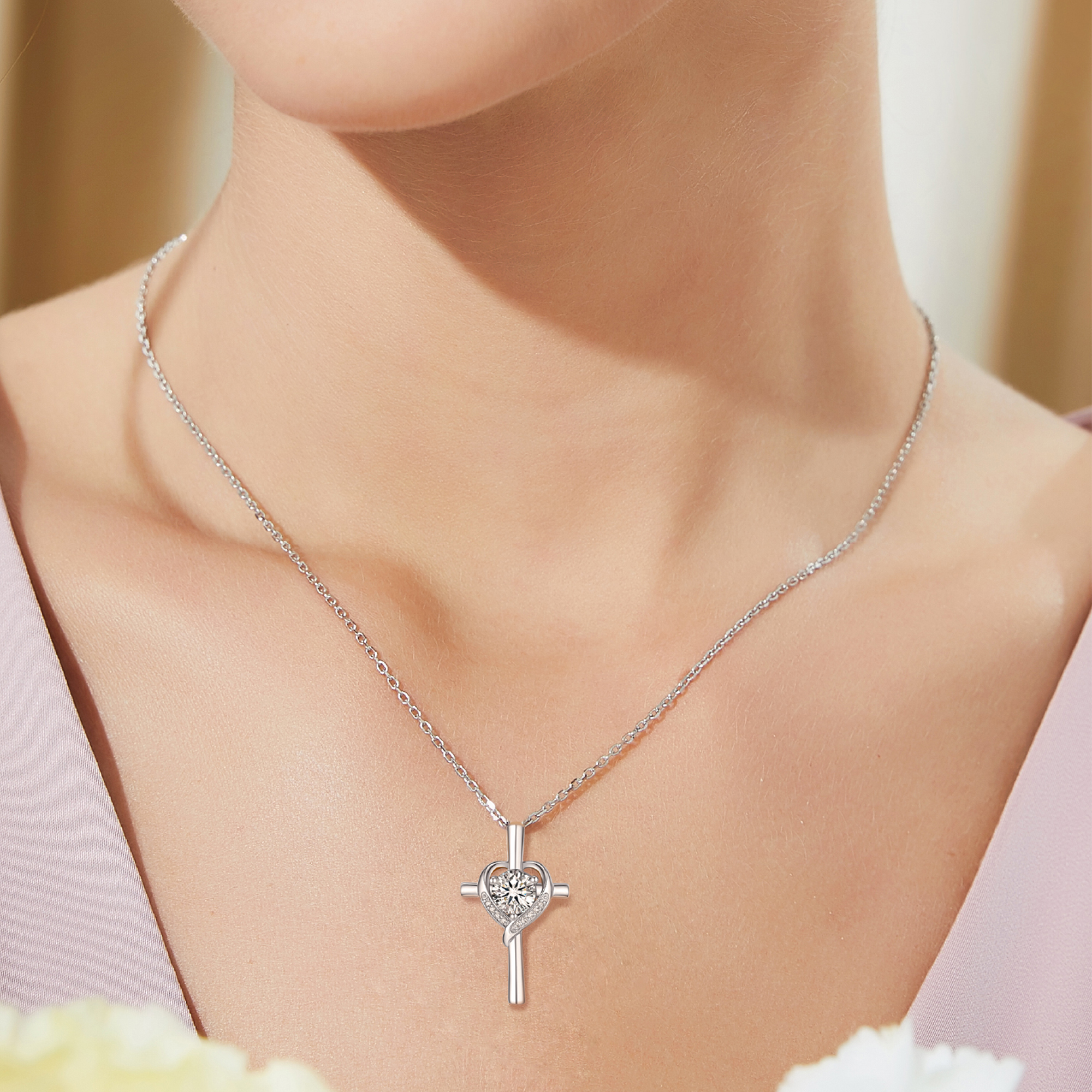 Cross Pendant Moissanite Heart Necklace in White Gold (1 Ct. VVS1)