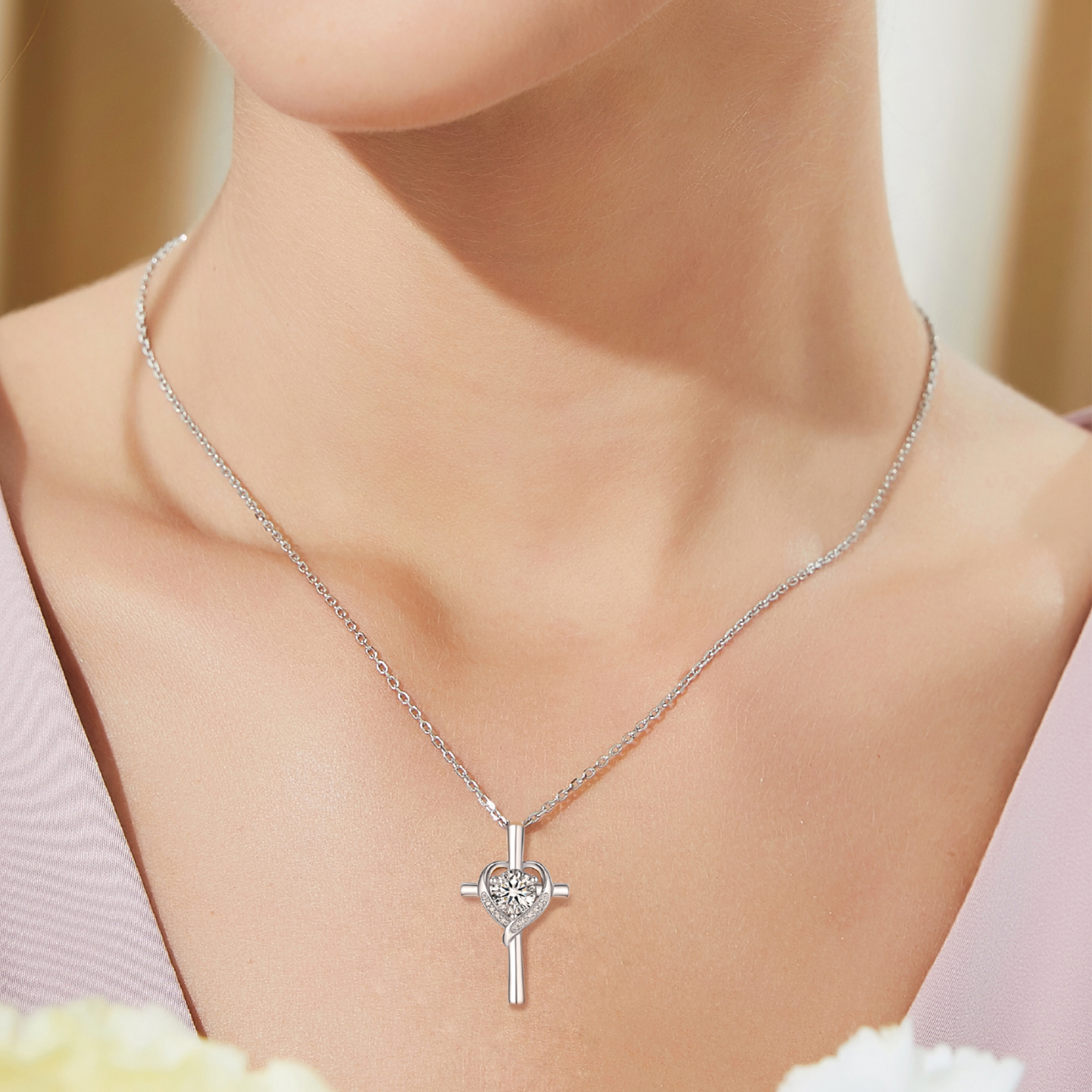 Cross Pendant Moissanite Heart Necklace in White Gold (1 Ct. VVS1)