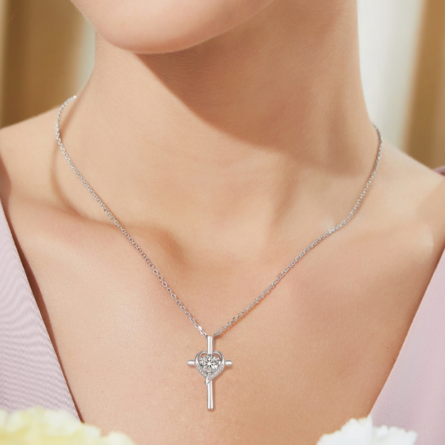 Cross Pendant Moissanite Heart Necklace in White Gold (1 Ct. VVS1)
