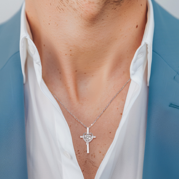 Cross Pendant Moissanite Heart Necklace in White Gold (1 Ct. VVS1)