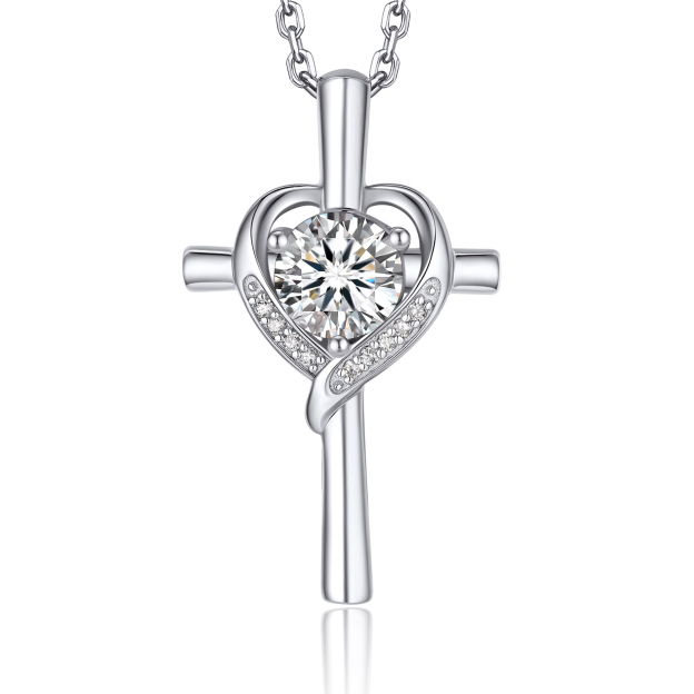 Cross Pendant Moissanite Heart Necklace in White Gold (1 Ct. VVS1)