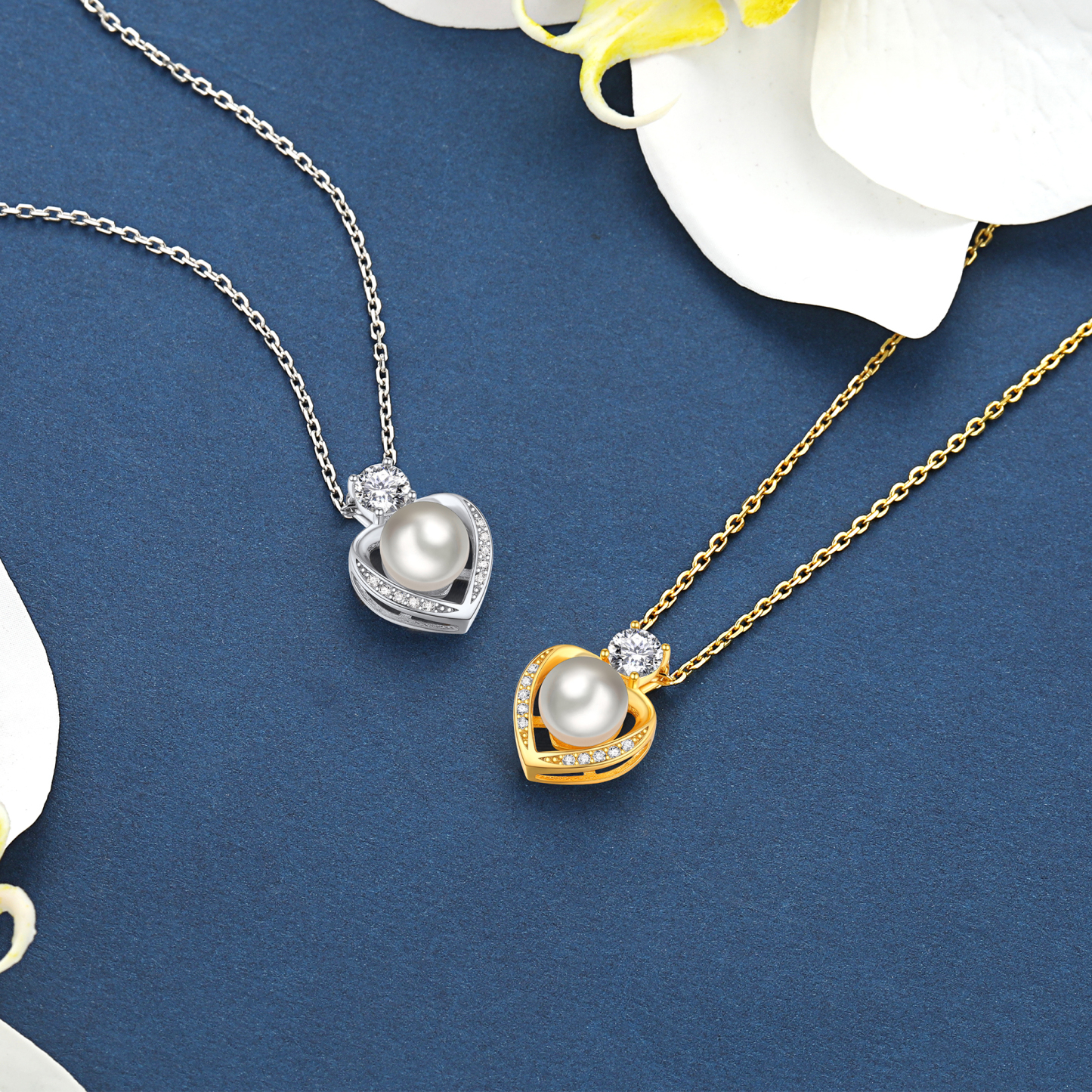 Freshwater Cultured Pearl Pendant Moissanite Heart Necklace in White Gold (1/2 Ct. VVS1)
