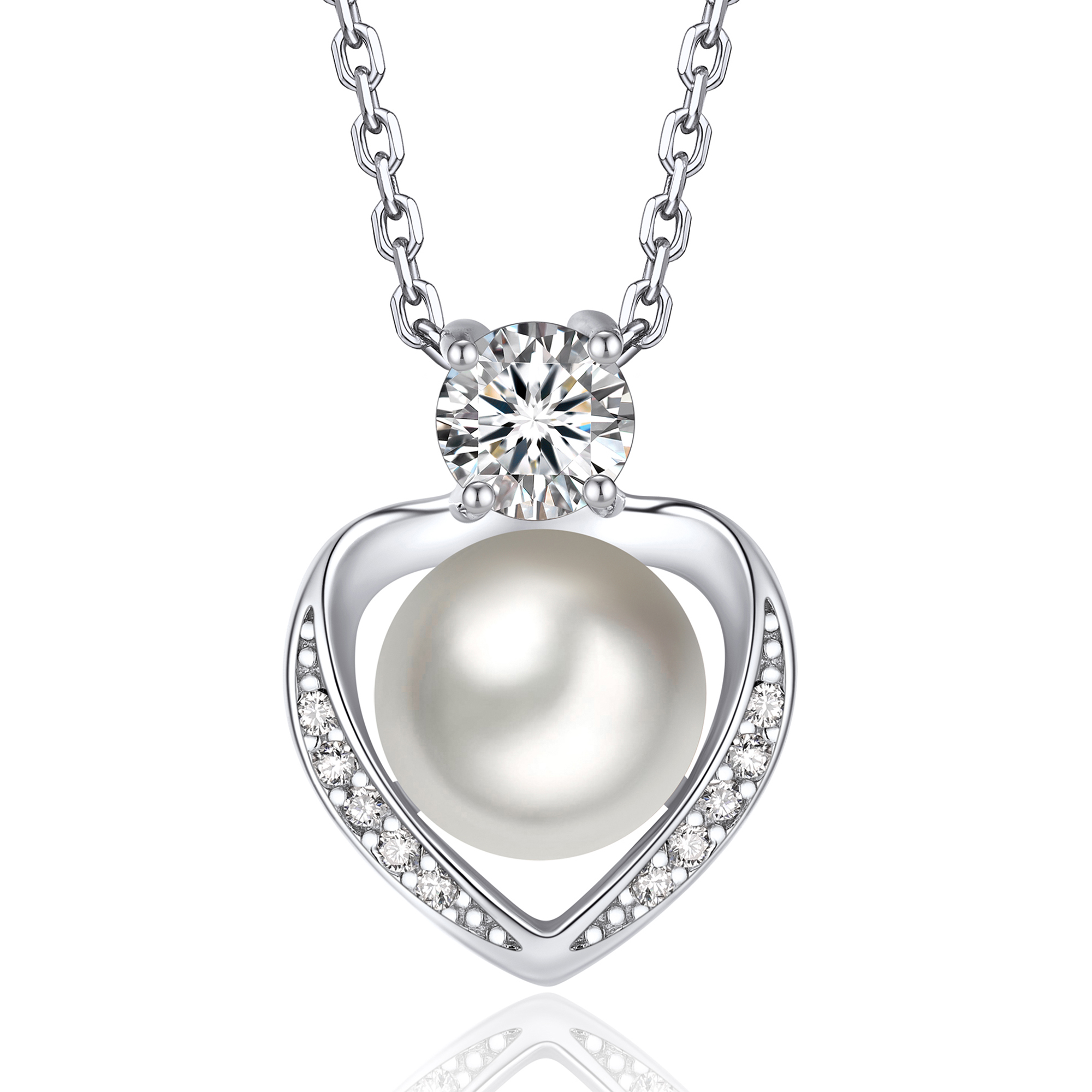 Freshwater Cultured Pearl Pendant Moissanite Heart Necklace in White Gold (1/2 Ct. VVS1)