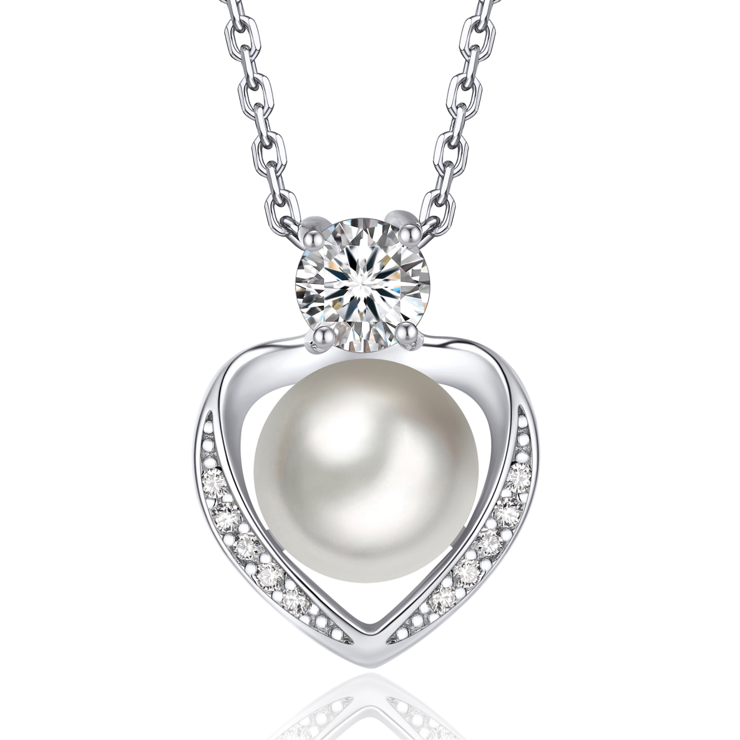 Freshwater Cultured Pearl Pendant Moissanite Heart Necklace in White Gold (1/2 Ct. VVS1)