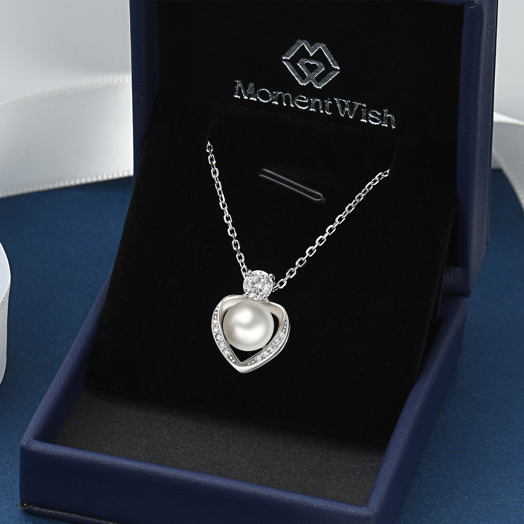 Freshwater Cultured Pearl Pendant Moissanite Heart Necklace in White Gold (1/2 Ct. VVS1)