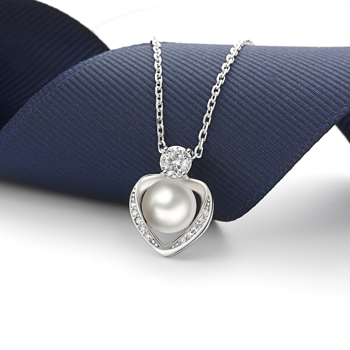 Freshwater Cultured Pearl Pendant Moissanite Heart Necklace in White Gold (1/2 Ct. VVS1)