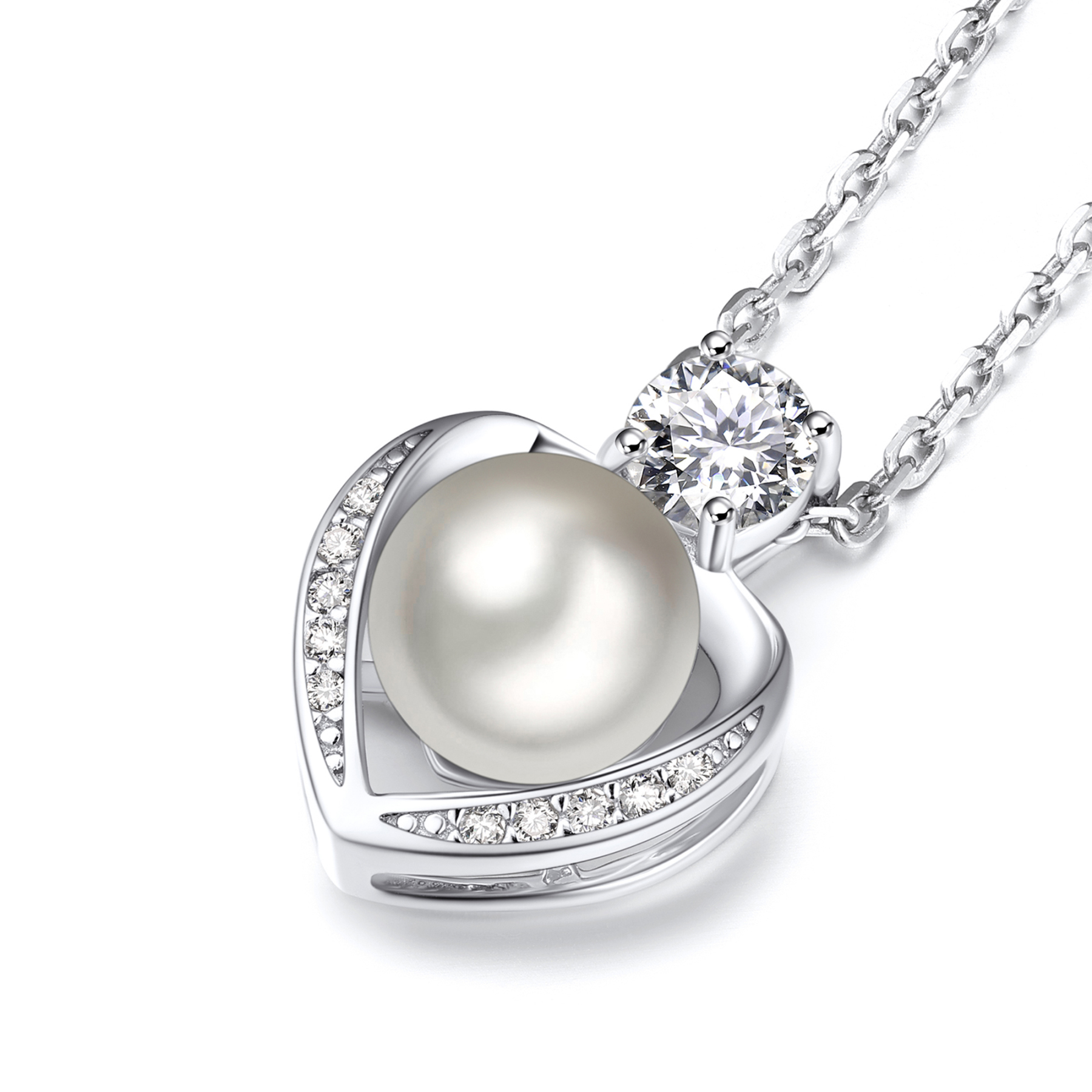 Freshwater Cultured Pearl Pendant Moissanite Heart Necklace in White Gold (1/2 Ct. VVS1)
