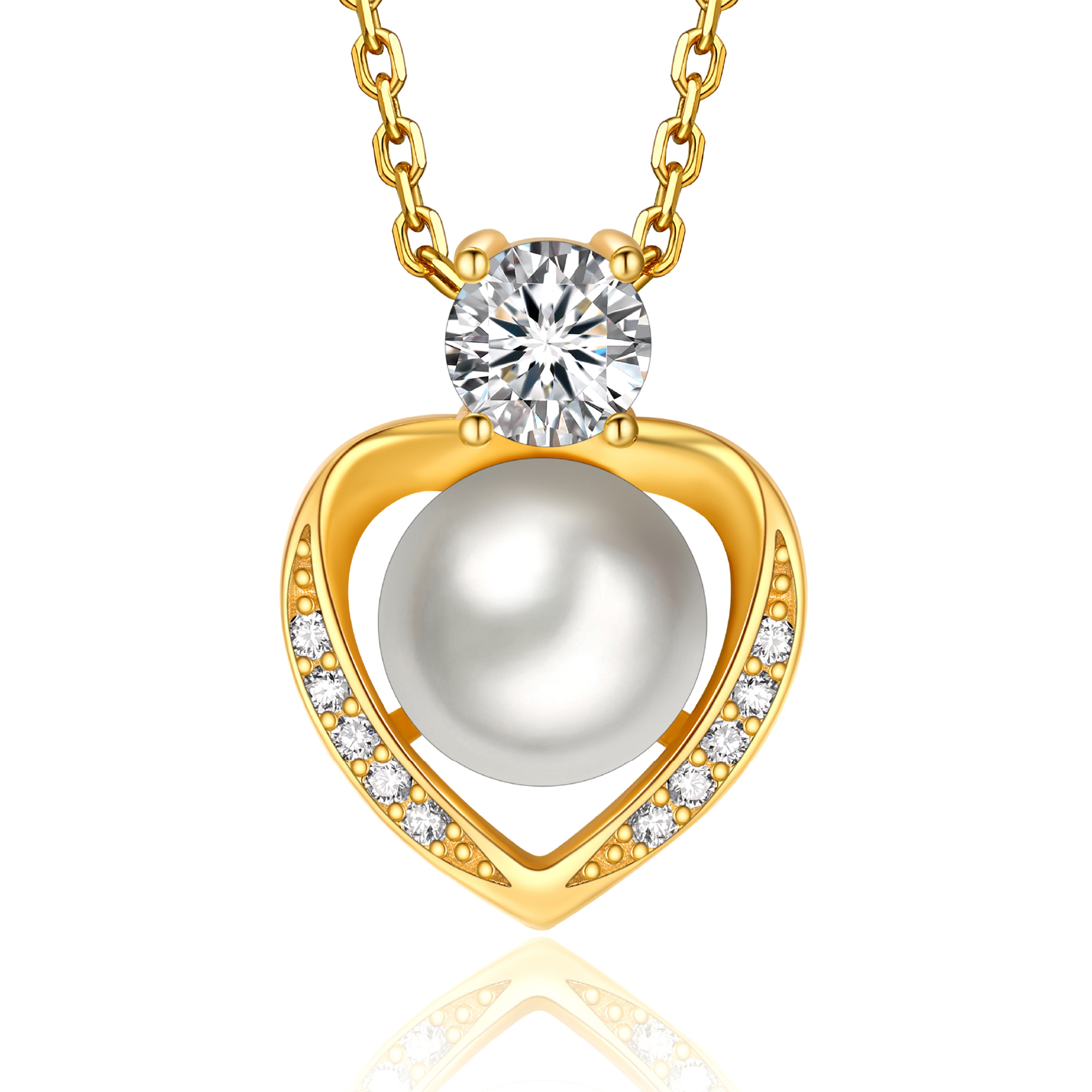 Freshwater Cultured Pearl Pendant Moissanite Heart Necklace in Yellow Gold (1/2 Ct. VVS1)
