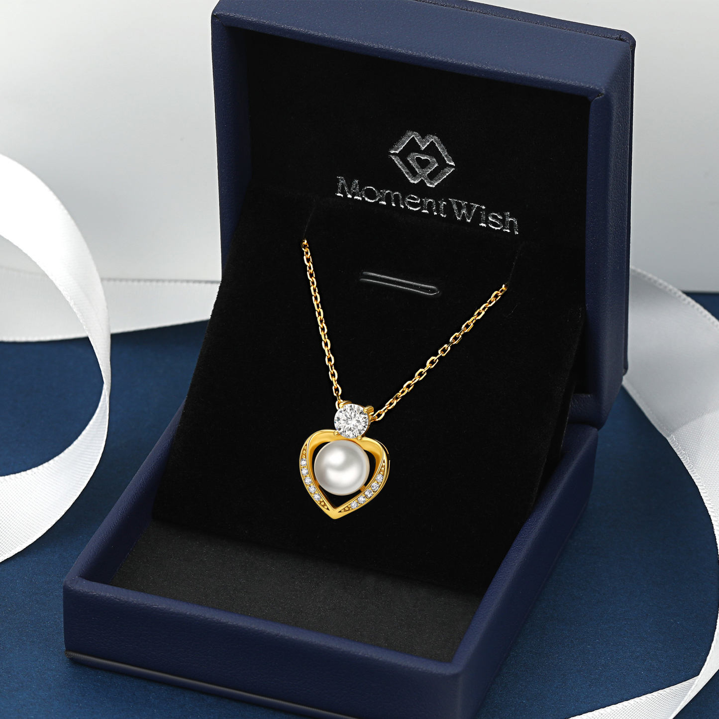 Freshwater Cultured Pearl Pendant Moissanite Heart Necklace in Yellow Gold (1/2 Ct. VVS1)