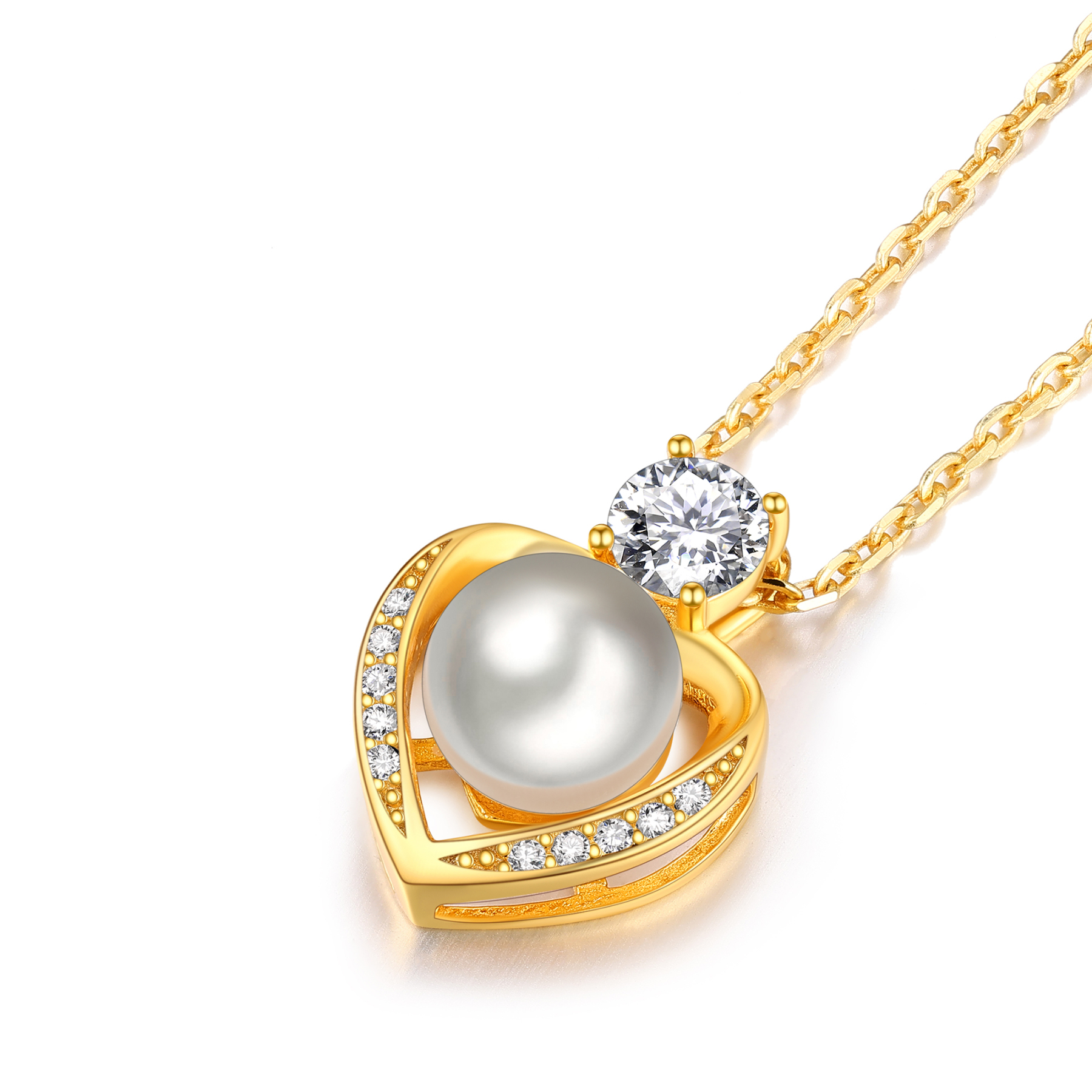 Freshwater Cultured Pearl Pendant Moissanite Heart Necklace in Yellow Gold (1/2 Ct. VVS1)