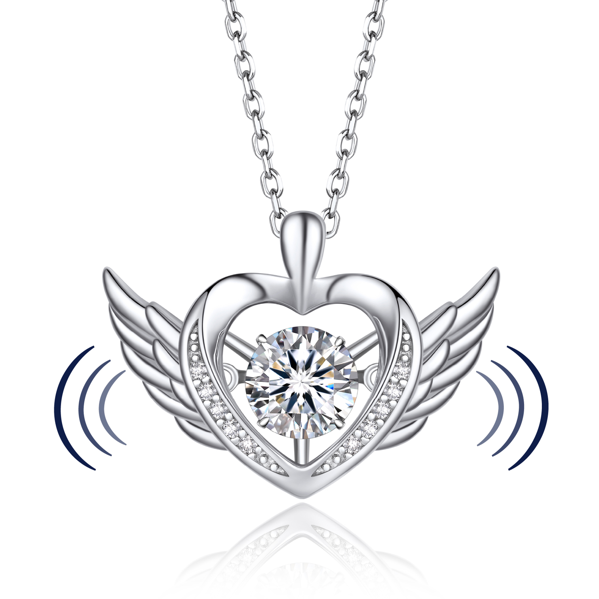 Round-Cut Heart Pendant Moissanite Dancing Stone Angel Wings Necklace (1 Ct. VVS1)