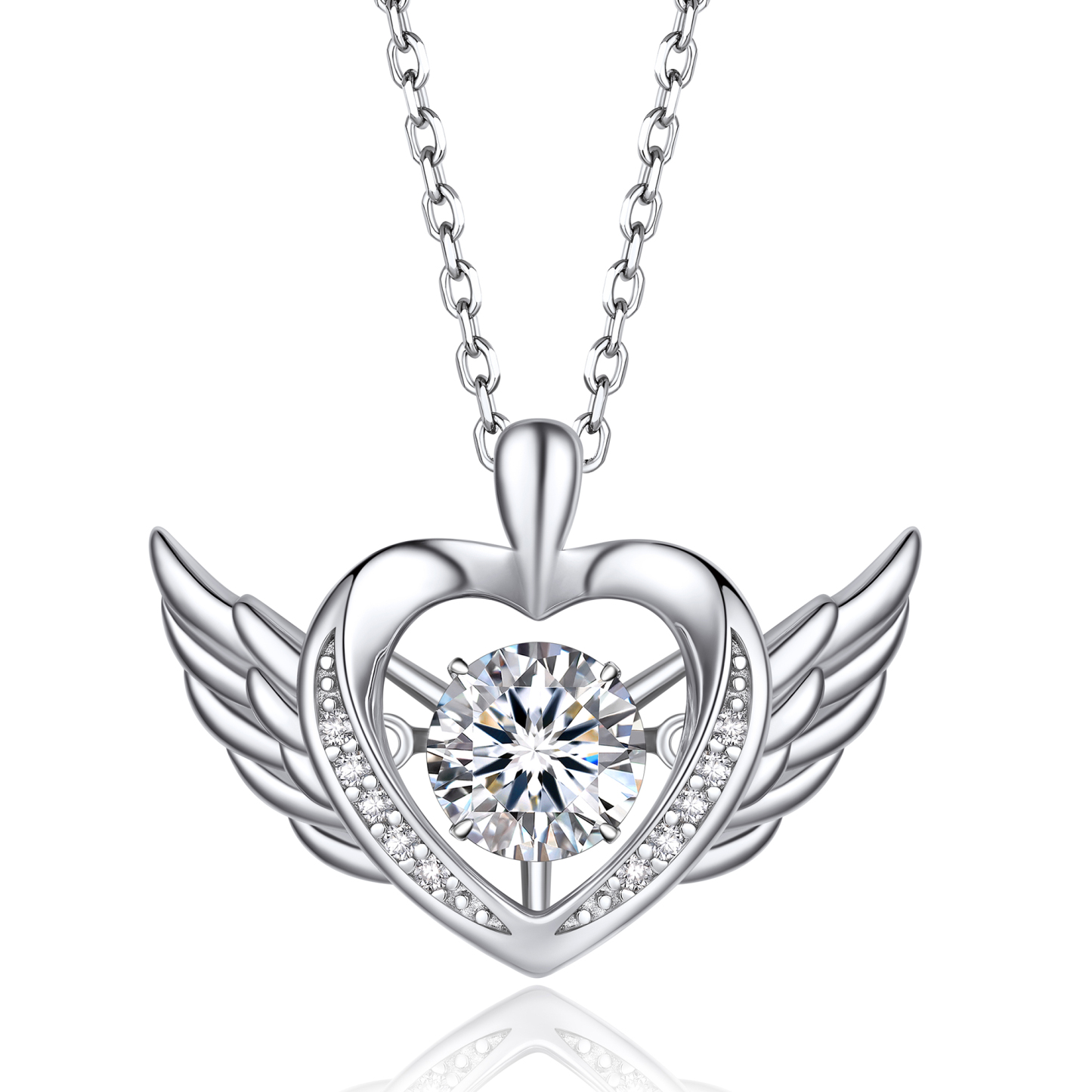 Round-Cut Heart Pendant Moissanite Dancing Stone Angel Wings Necklace (1 Ct. VVS1)
