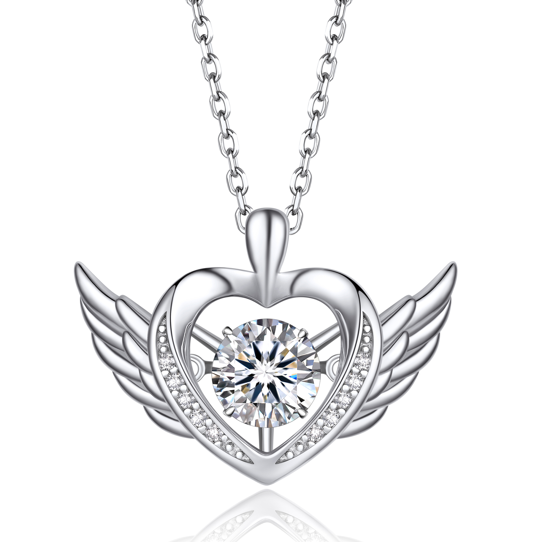 Round-Cut Heart Pendant Moissanite Dancing Stone Angel Wings Necklace (1 Ct. VVS1)