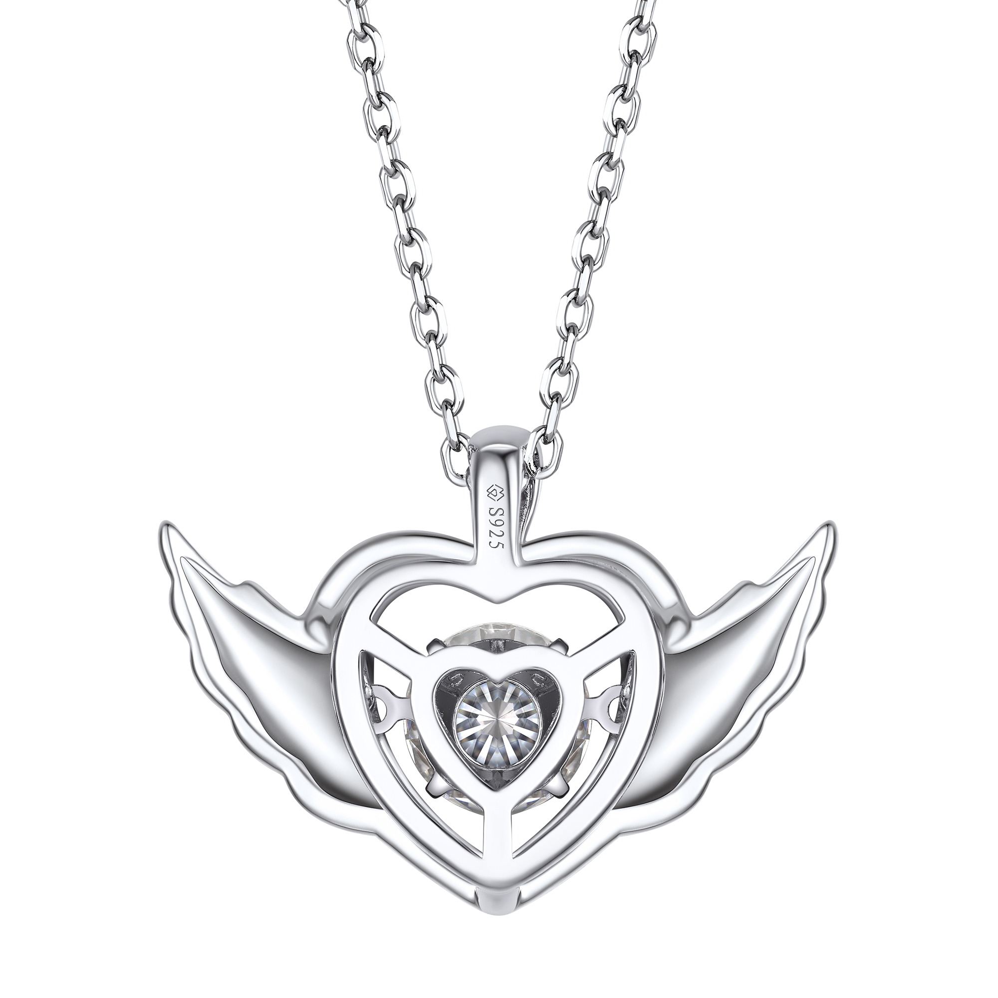 Round-Cut Heart Pendant Moissanite Dancing Stone Angel Wings Necklace (1 Ct. VVS1)