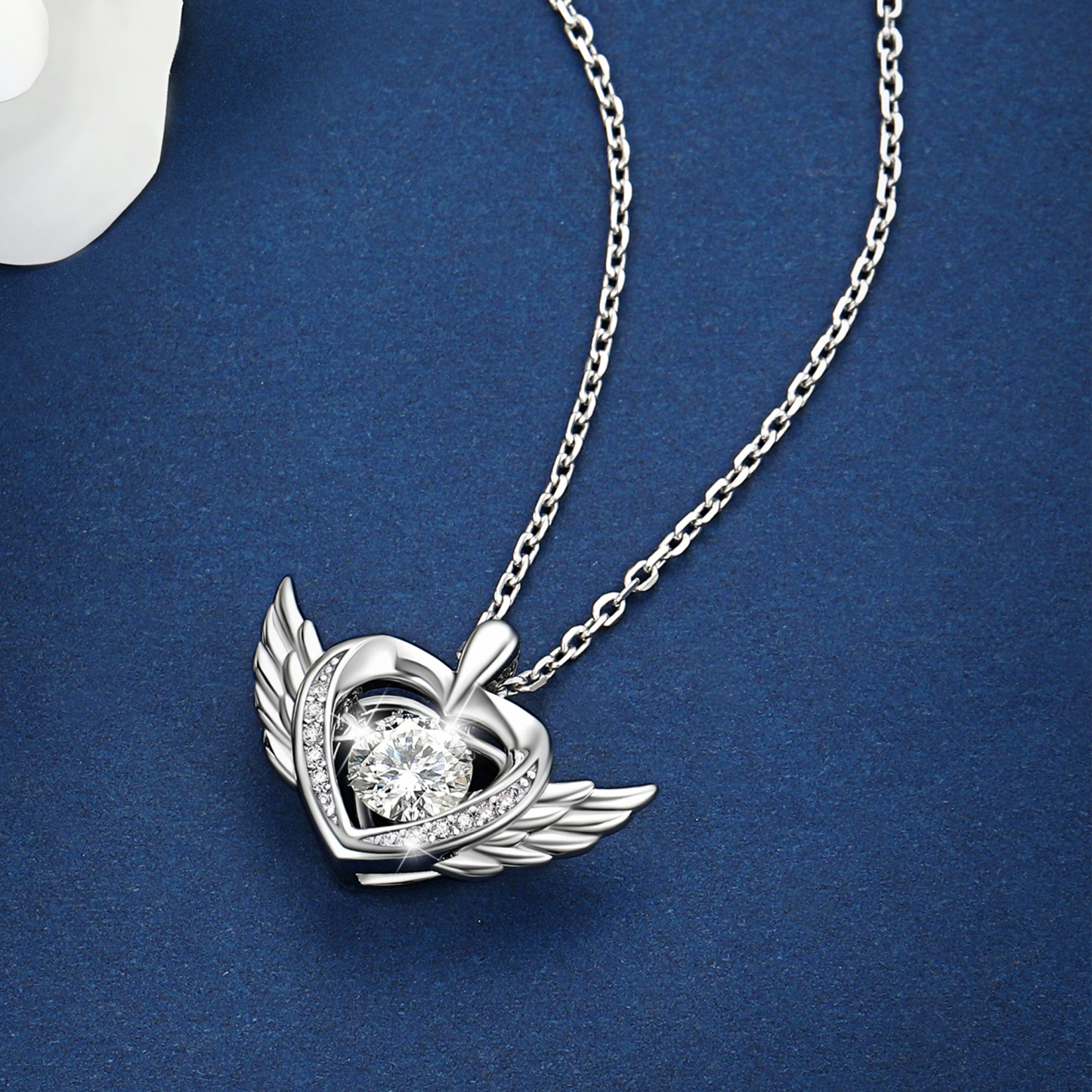 Round-Cut Heart Pendant Moissanite Dancing Stone Angel Wings Necklace (1 Ct. VVS1)