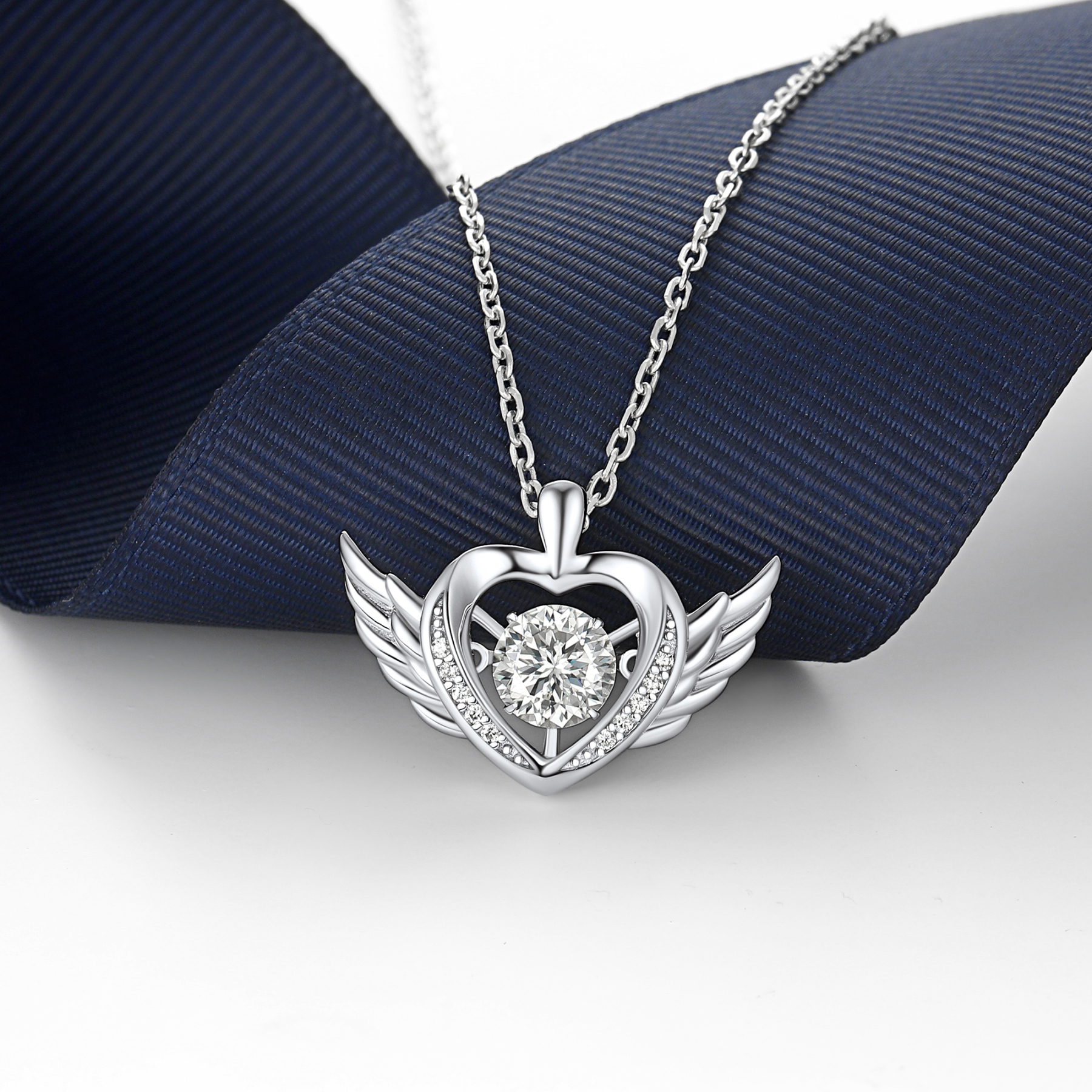 Round-Cut Heart Pendant Moissanite Dancing Stone Angel Wings Necklace (1 Ct. VVS1)
