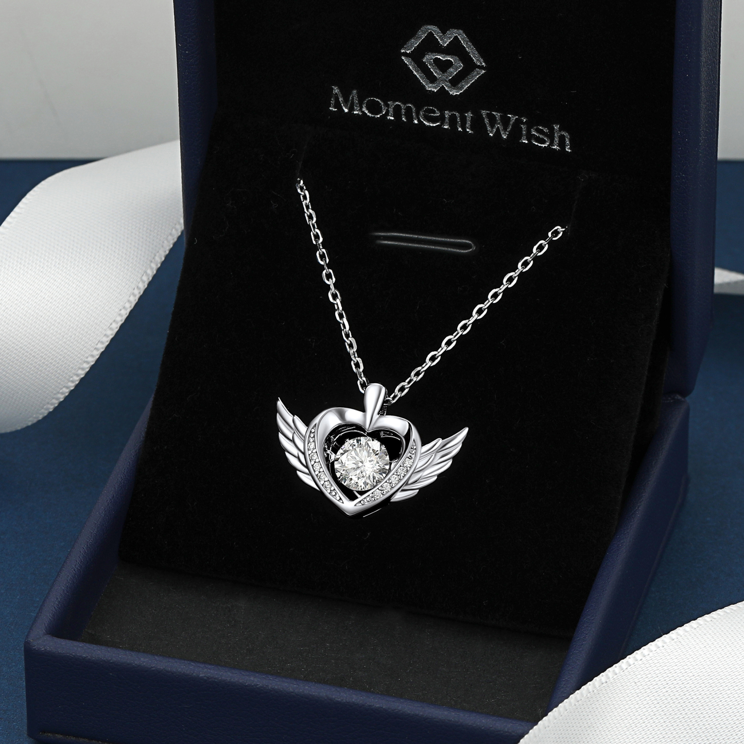 Round-Cut Heart Pendant Moissanite Dancing Stone Angel Wings Necklace (1 Ct. VVS1)