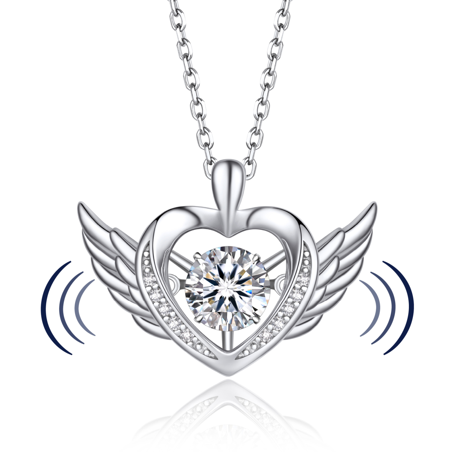 Round-Cut Heart Pendant Moissanite Dancing Stone Angel Wings Necklace (1 Ct. VVS1)
