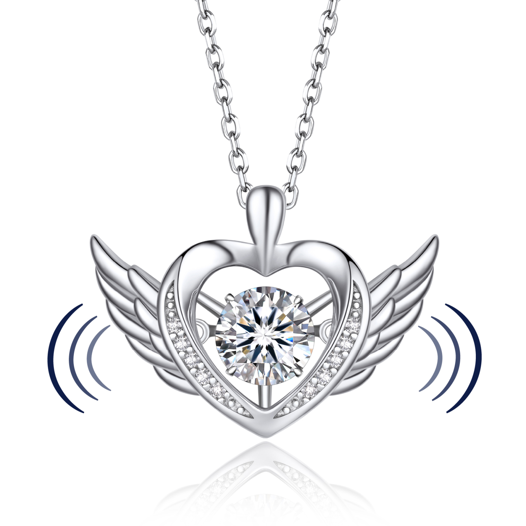 Round-Cut Heart Pendant Moissanite Dancing Stone Angel Wings Necklace (1 Ct. VVS1)