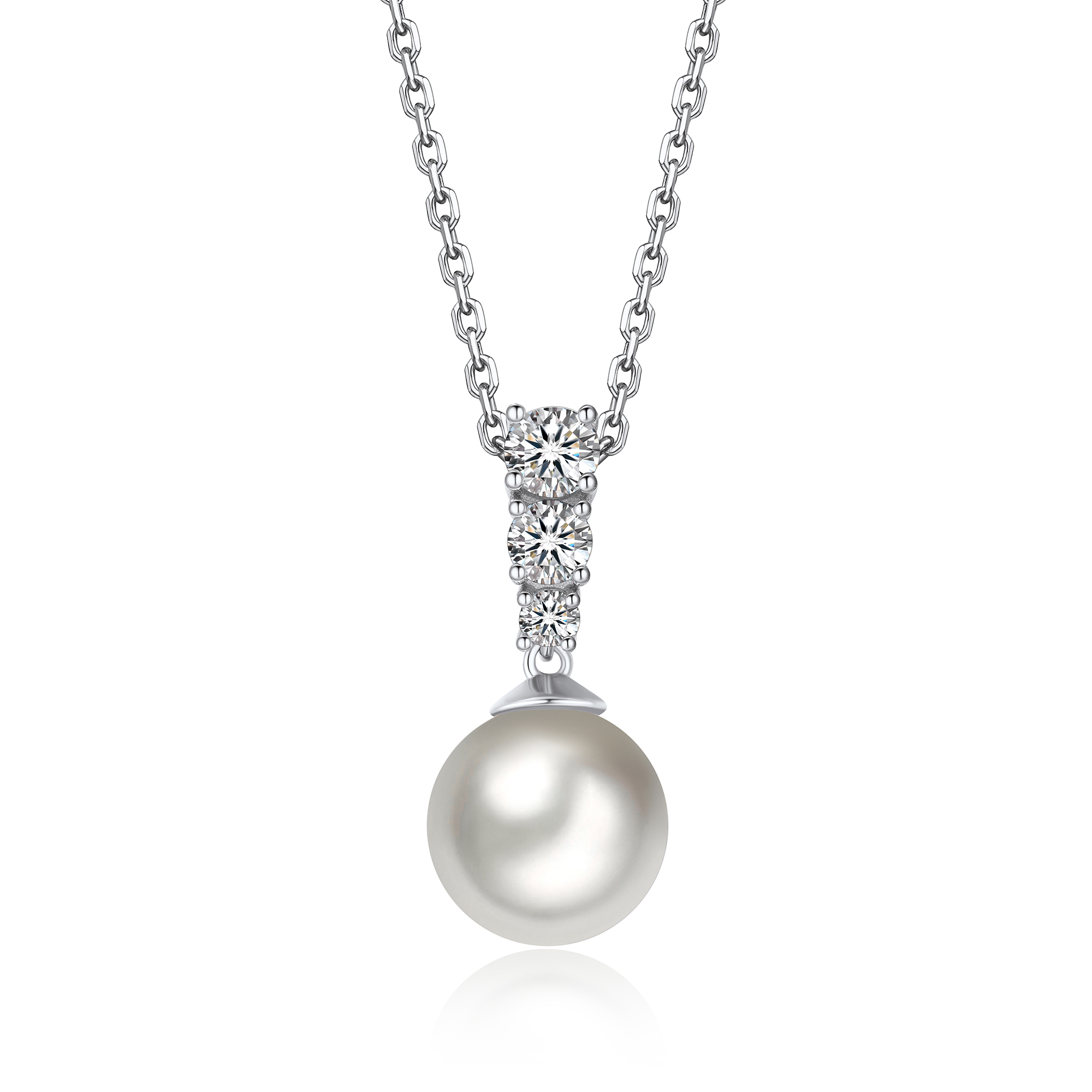 Freshwater Cultured Pearl Necklace with 3-Stone in White Gold (1/2 Ct. VVS1)