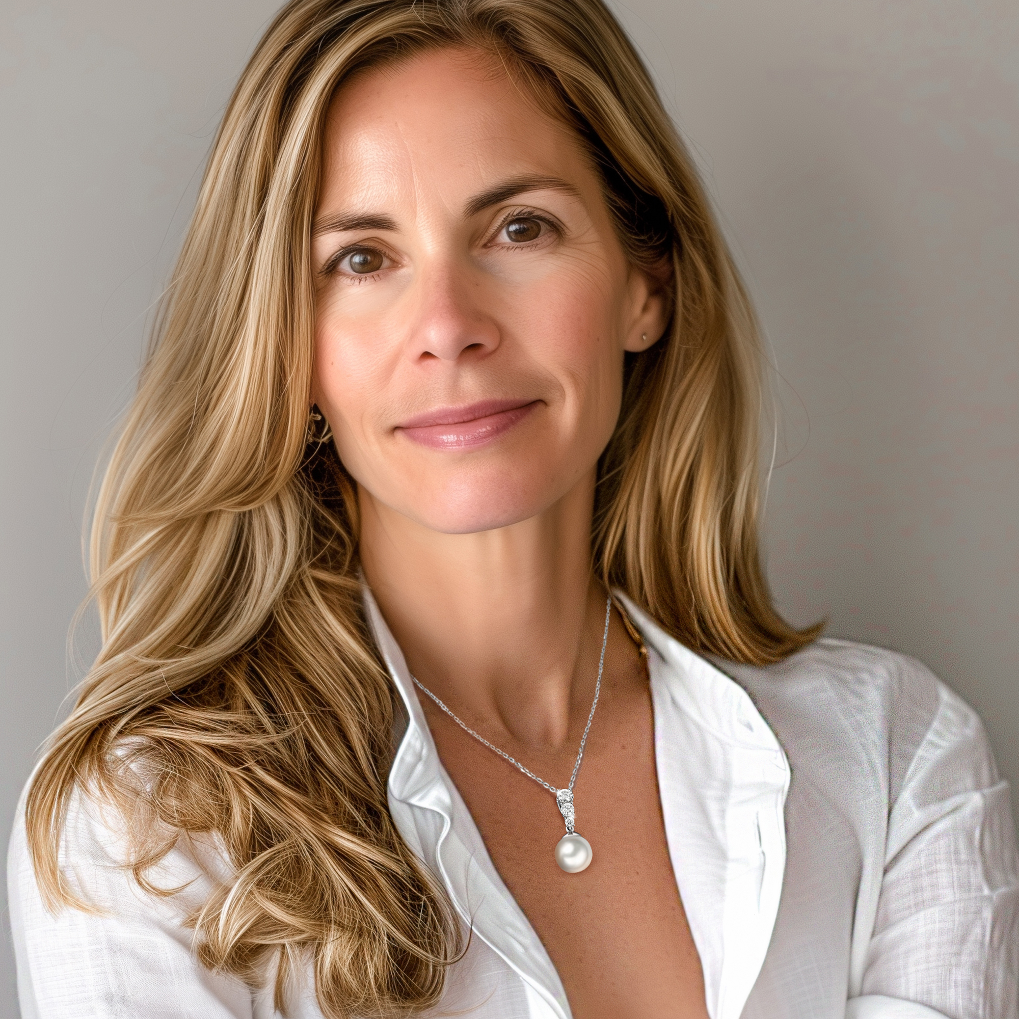 Freshwater Cultured Pearl Necklace with 3-Stone in White Gold (1/2 Ct. VVS1)