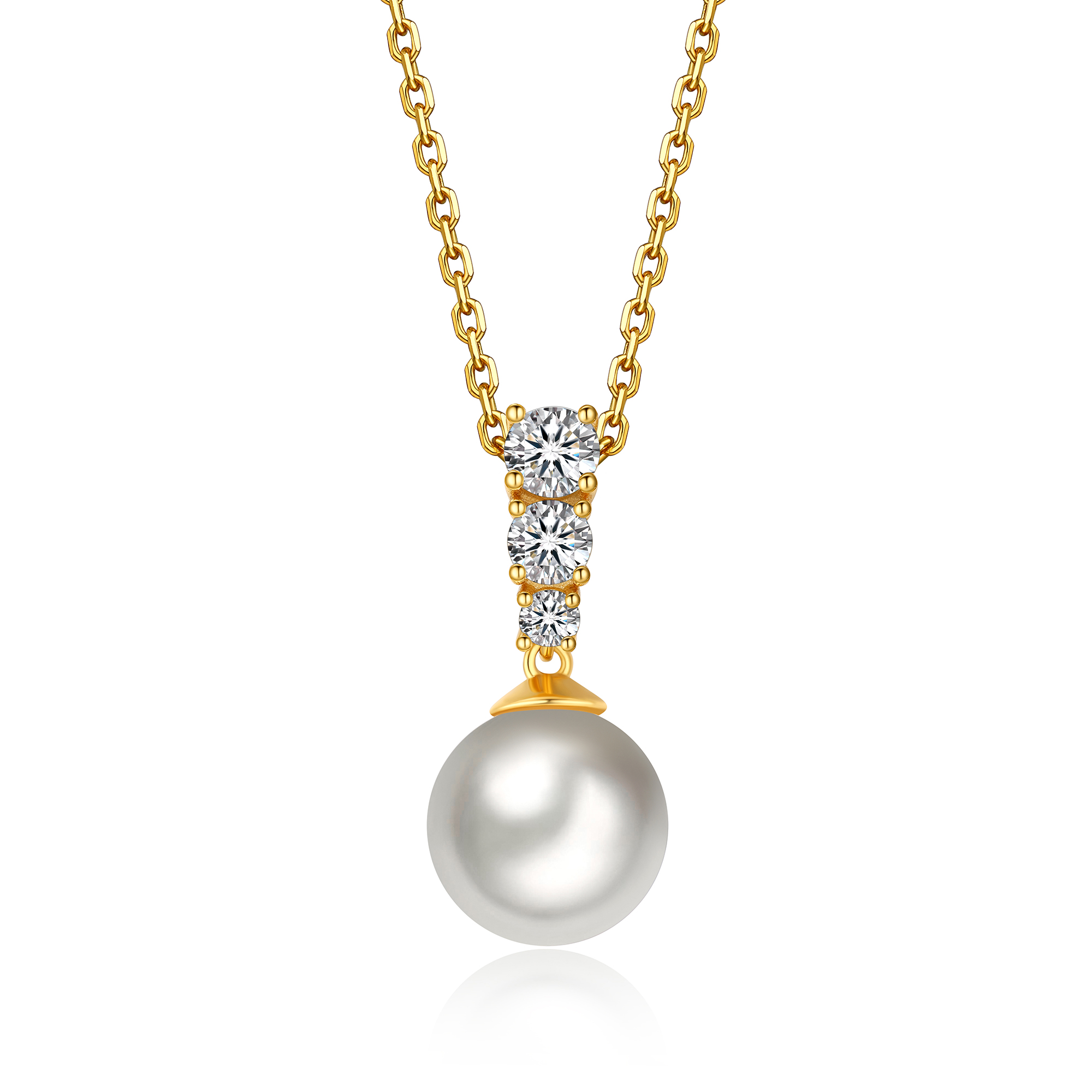 Freshwater Cultured Pearl Necklace with 3-Stone in Yellow Gold (1/2 Ct. VVS1)