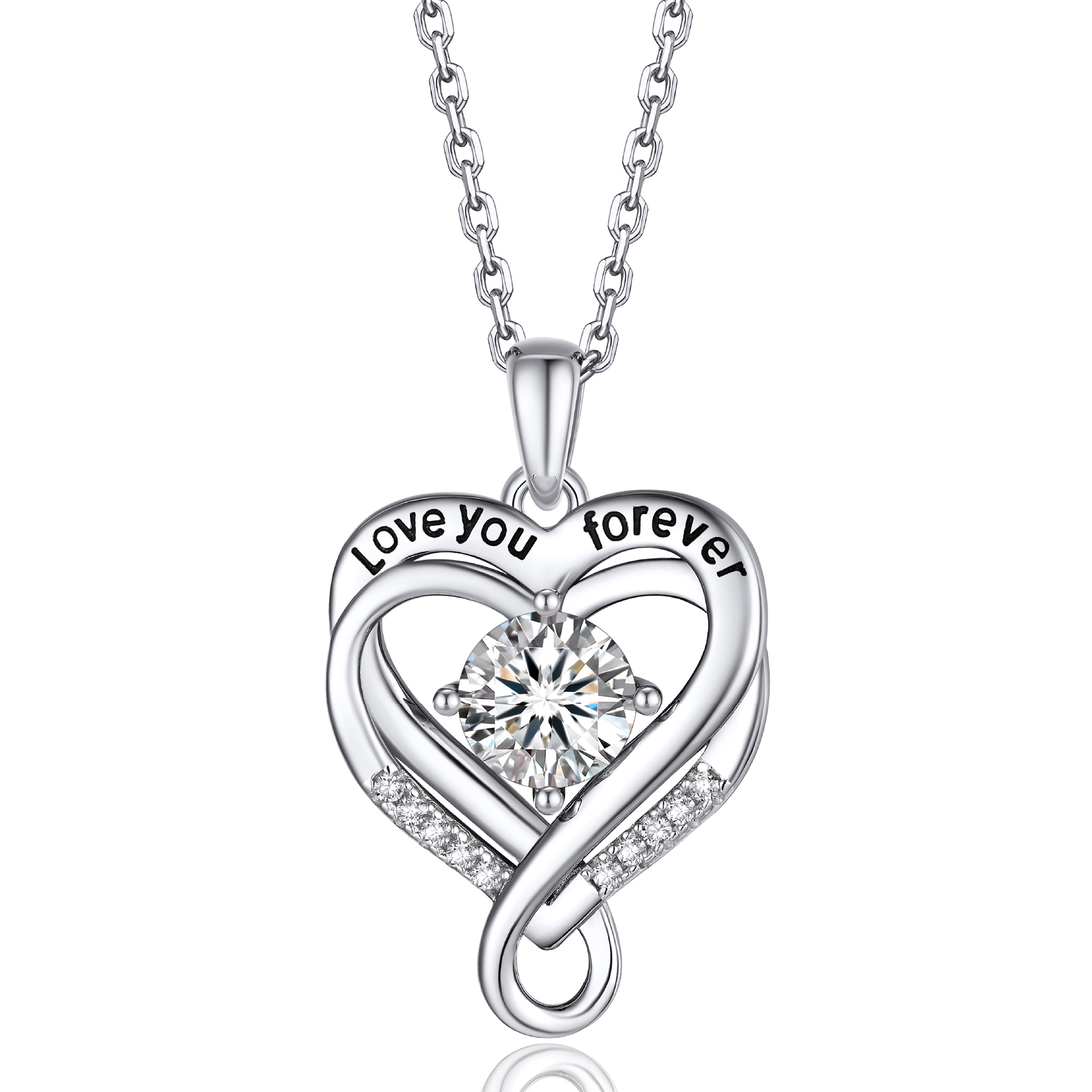 Double Heart Pendant Moissanite Infinity Necklace in White Gold (1 Ct. VVS1)