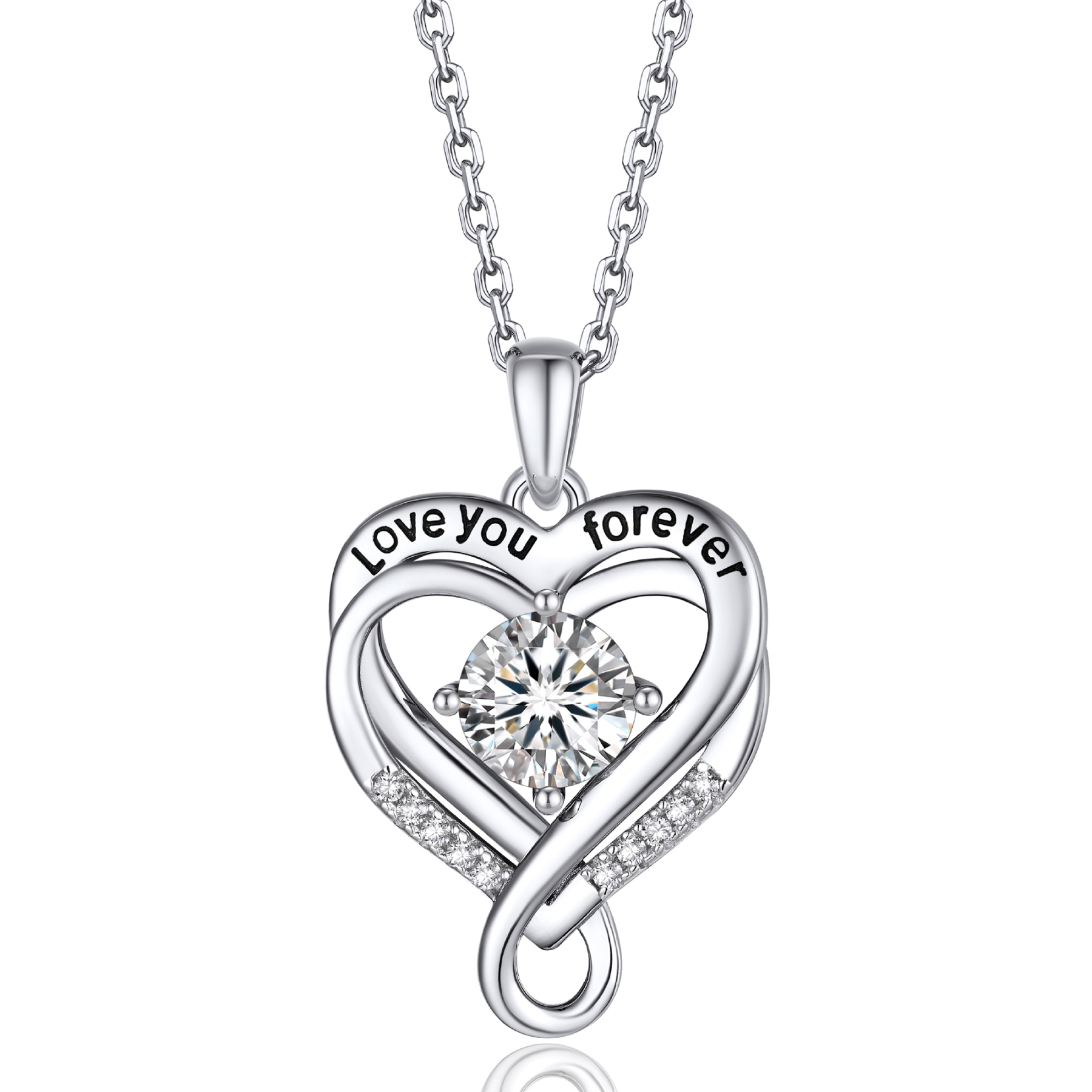 Double Heart Pendant Moissanite Infinity Necklace in White Gold (1 Ct. VVS1)
