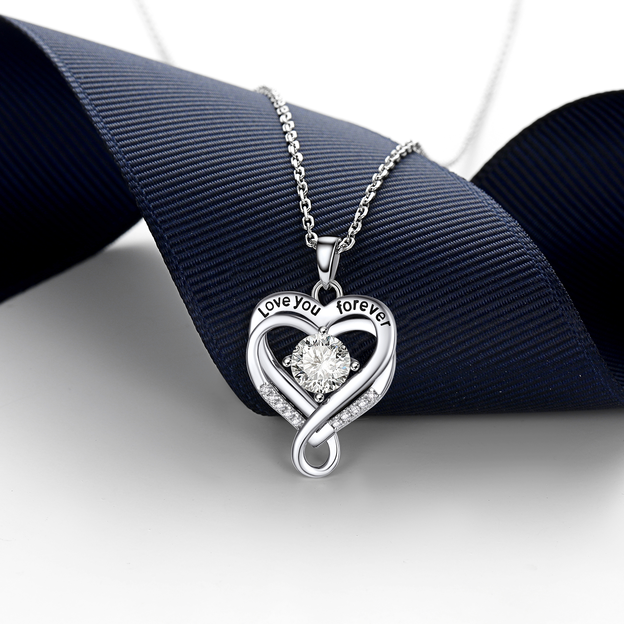 Double Heart Pendant Moissanite Infinity Necklace in White Gold (1 Ct. VVS1)