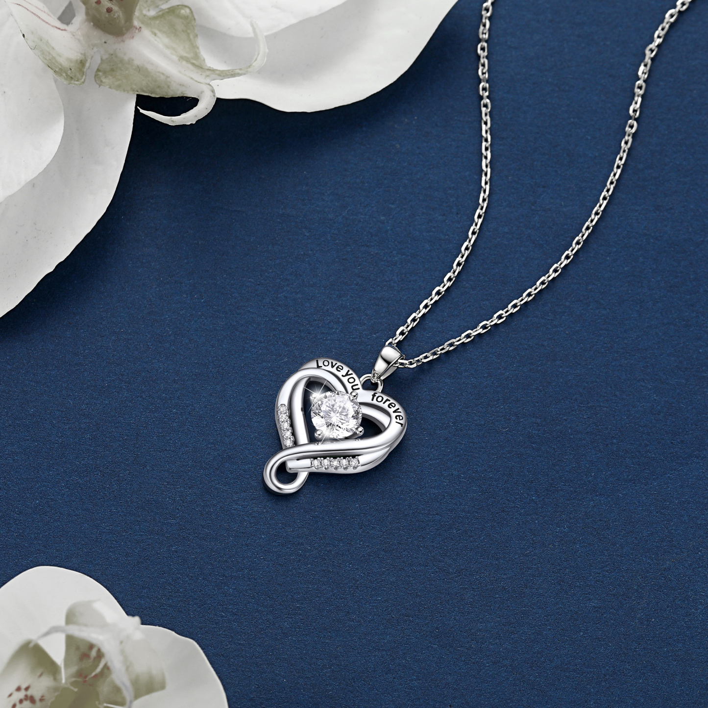 Double Heart Pendant Moissanite Infinity Necklace in White Gold (1 Ct. VVS1)