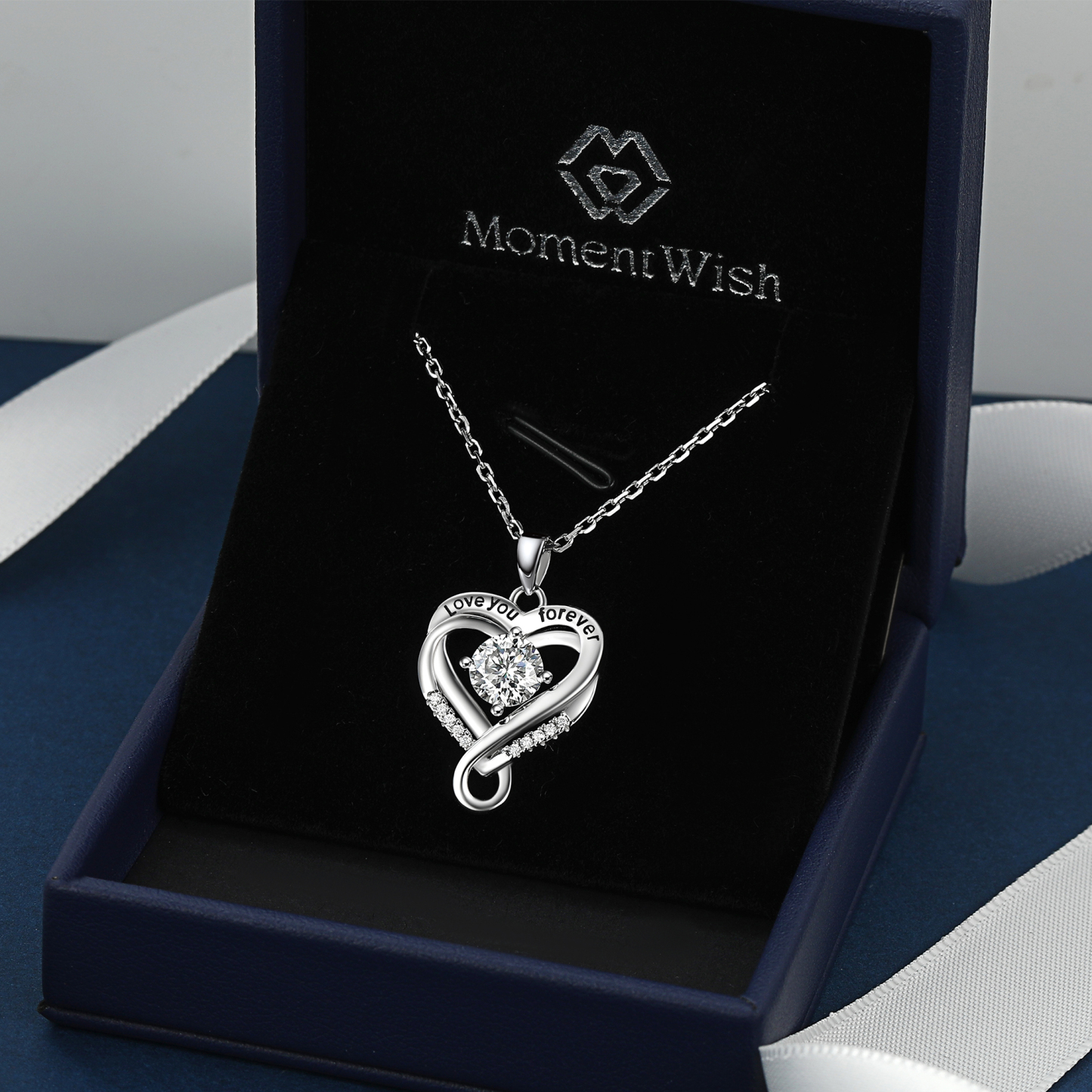 Double Heart Pendant Moissanite Infinity Necklace in White Gold (1 Ct. VVS1)