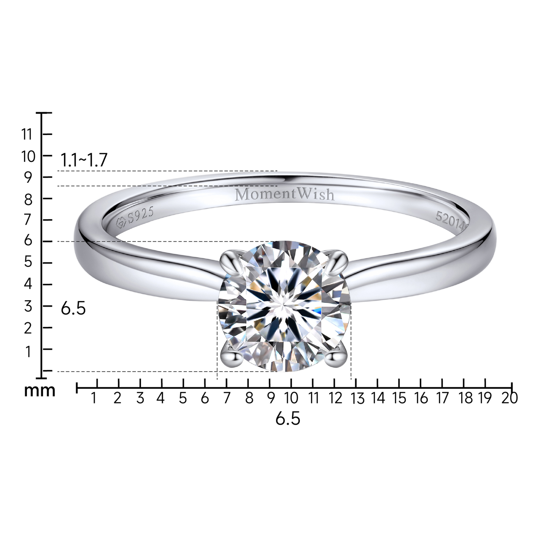 (测试) 925 Sterling Silver Four Prong Solitaire Moissanite Engagement Ring (D Color VVS1)