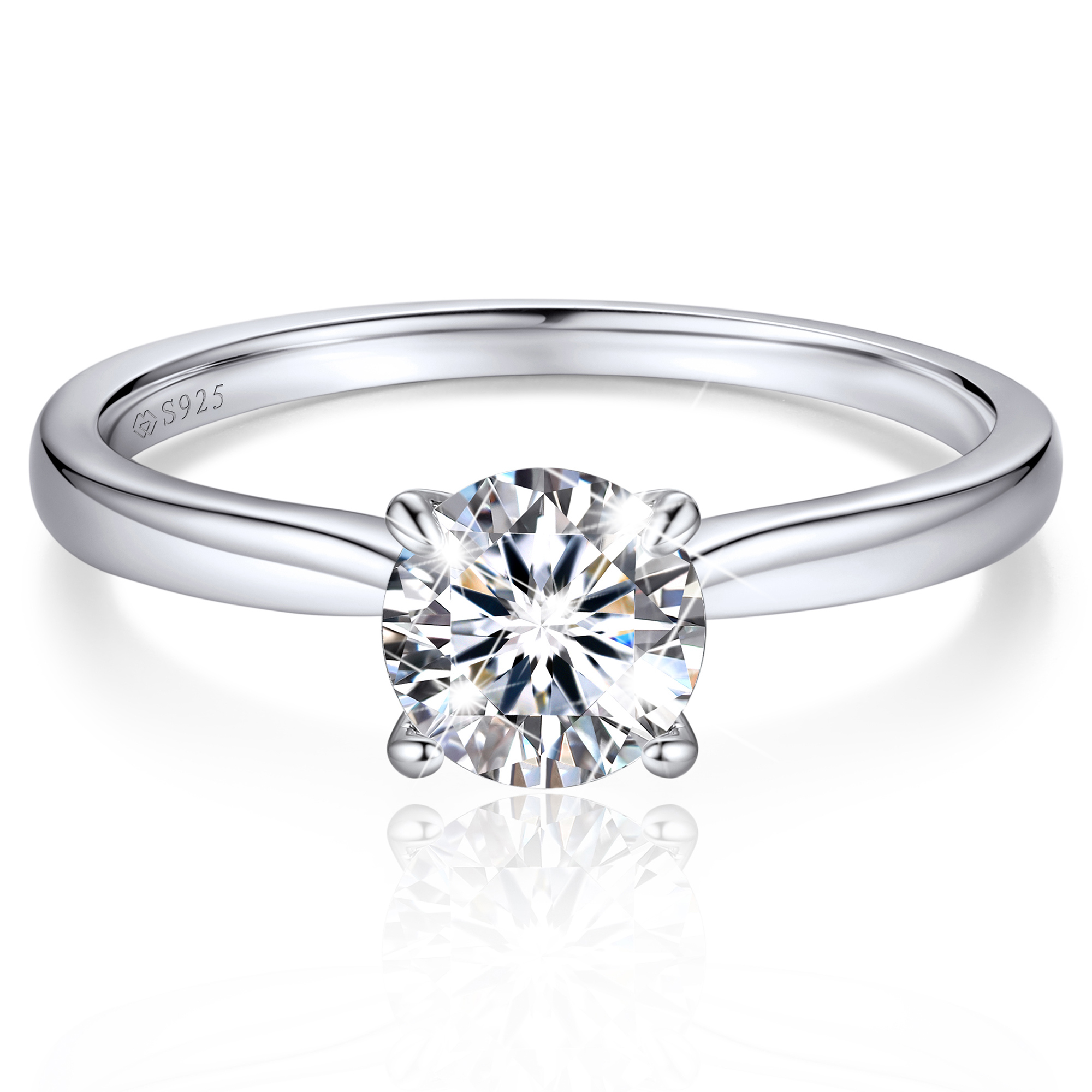 (测试) 925 Sterling Silver Four Prong Solitaire Moissanite Engagement Ring (D Color VVS1)