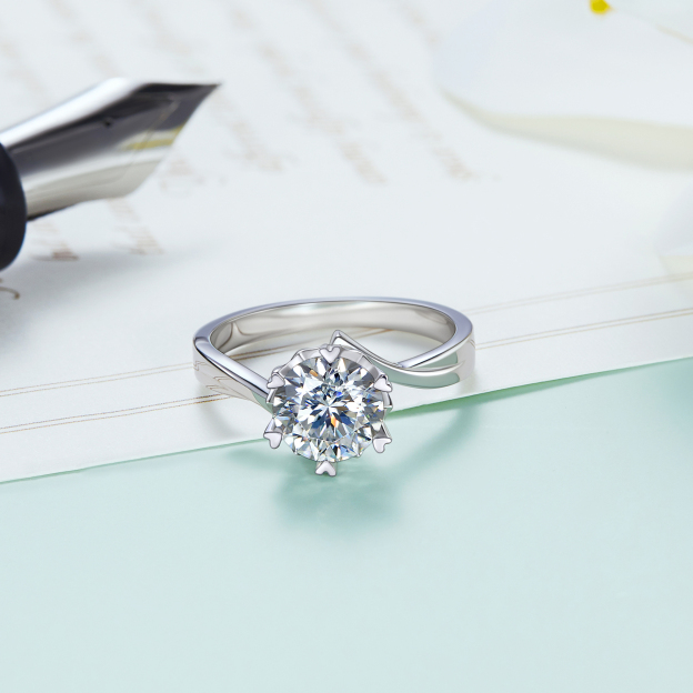 Solitaire Moissanite Snowflake Engagement Ring in White Gold, Sterling Silver-01