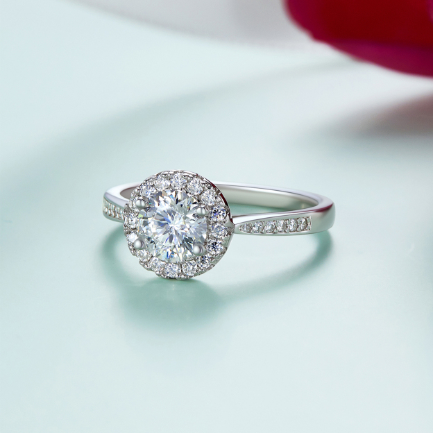 Halo Round Moissanite Engagement Rings in White Gold, Sterling Silver-02