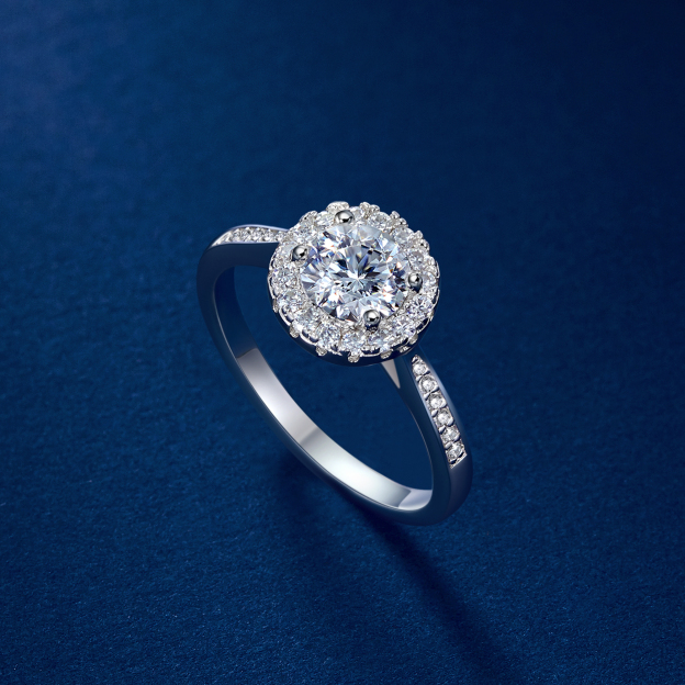Halo Round Moissanite Engagement Rings in White Gold, Sterling Silver-01