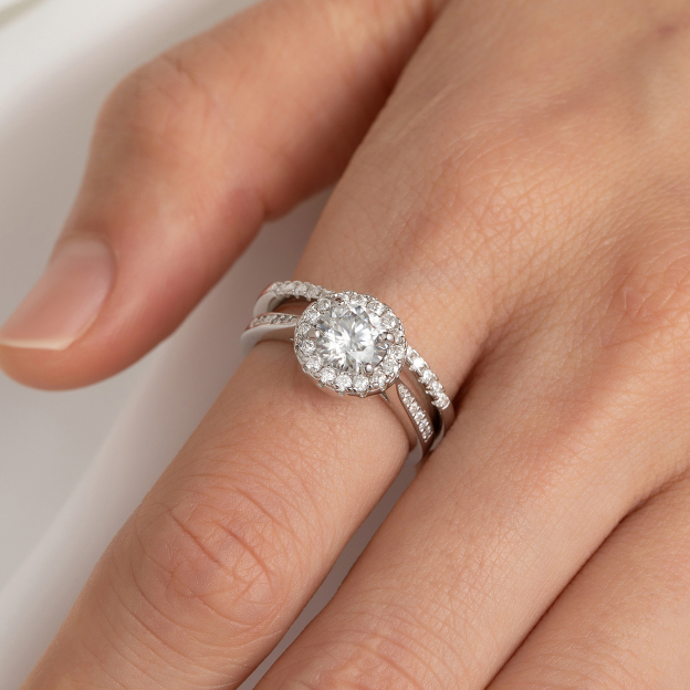 Halo Round Moissanite Engagement Rings in White Gold with Eternity Wedding Ring-02